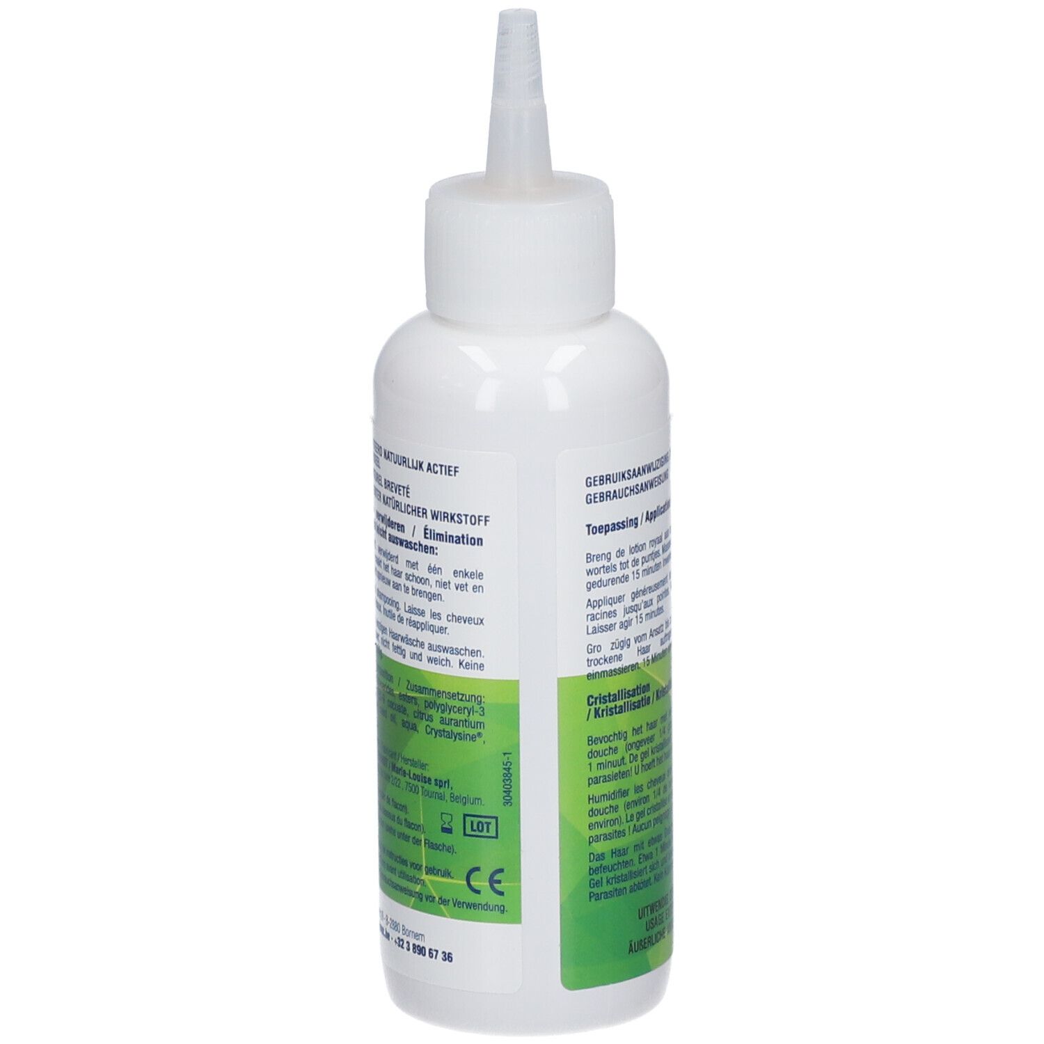 Achterkant van de witte fles met applicator. Tekst in meerdere talen. Groen-wit etiket met productinformatie.