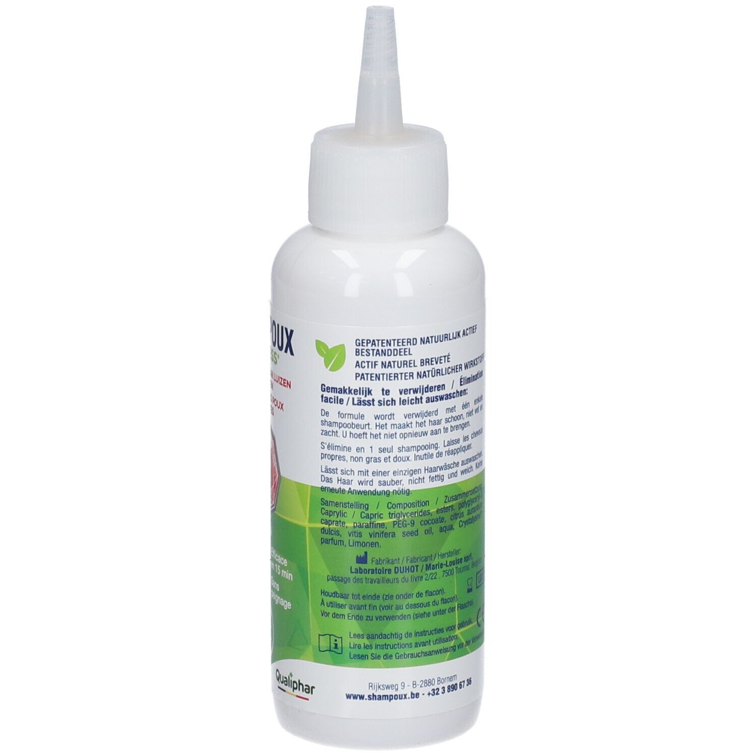 Achterkant van de witte fles met applicator. Tekst in meerdere talen. Groen-wit etiket met productinformatie.