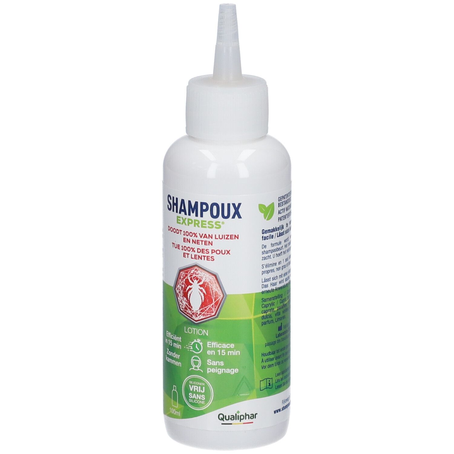 Witte fles met applicator. Opschrift: Shampoux Express, doodt 100% van luizen en neten. Groen-wit etiket.