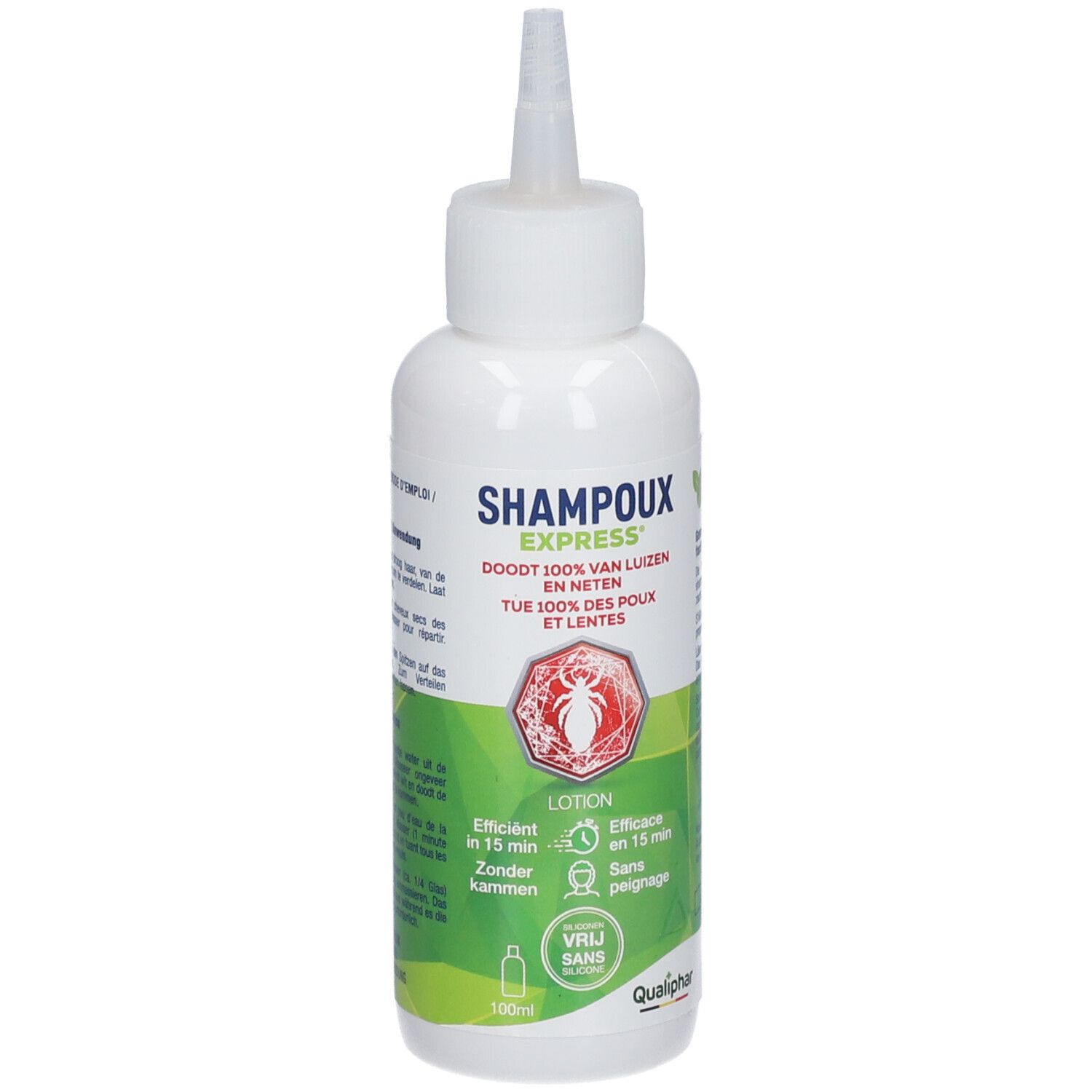 Witte fles met applicator. Opschrift: Shampoux Express, doodt 100% van luizen en neten. Groen-wit etiket.