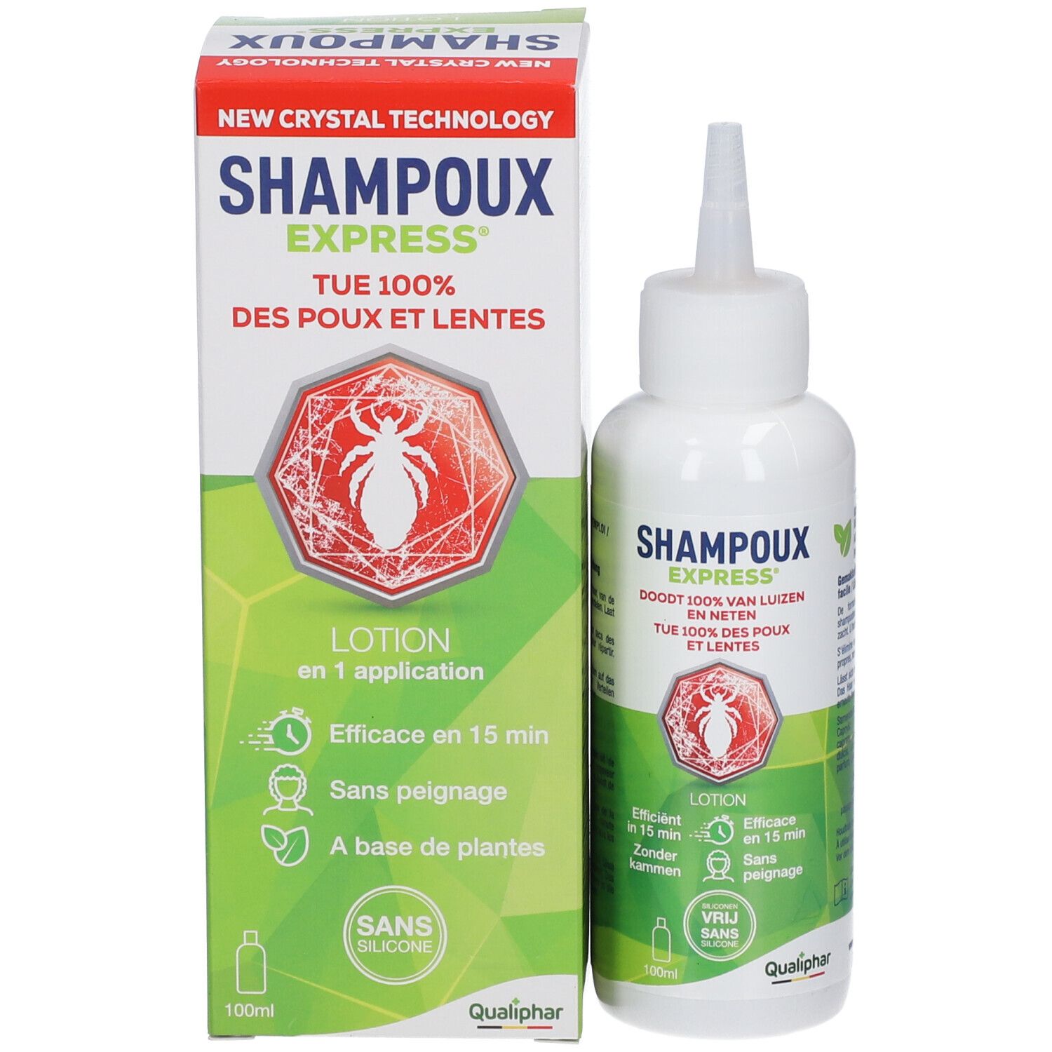 Productverpakking met fles. Opschrift: Shampoux Express, doodt 100% van luizen en neten. Groen-wit design.