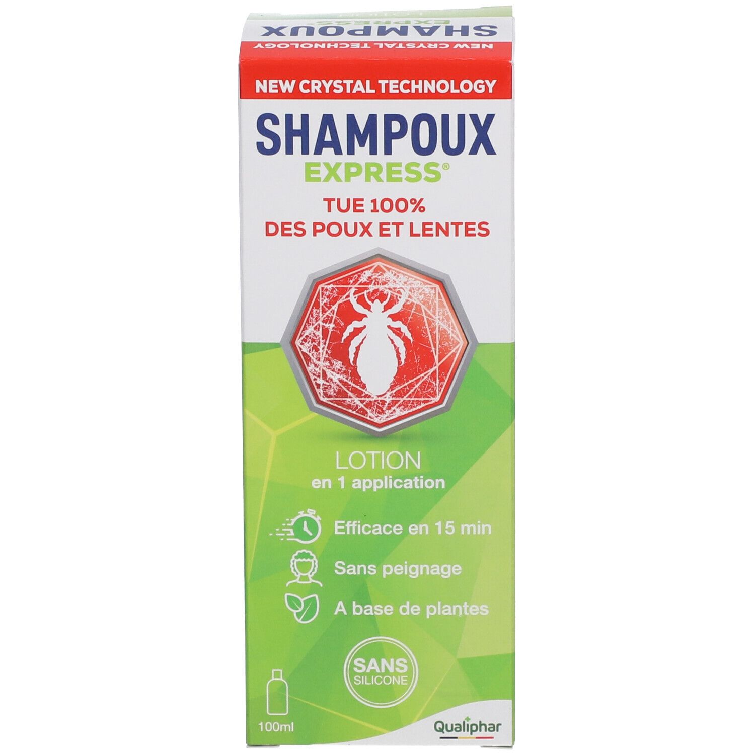 Productverpakking. Opschrift: Shampoux Express, doodt 100% van luizen en neten. Groen-wit design.