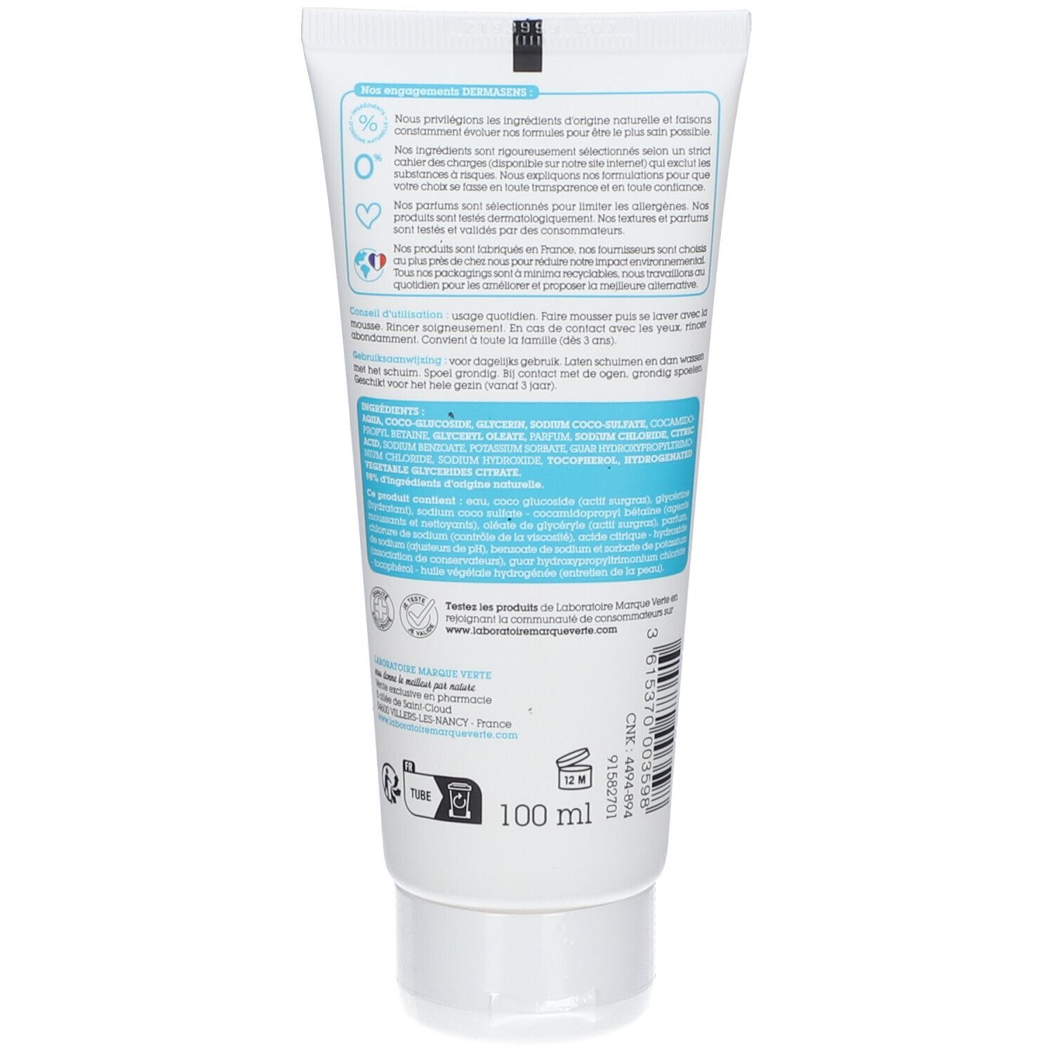Achterkant van de tube. Opschriften: ingrediënten, merkinformatie, recycling symbool, 100 ml. Witte achtergrond.
