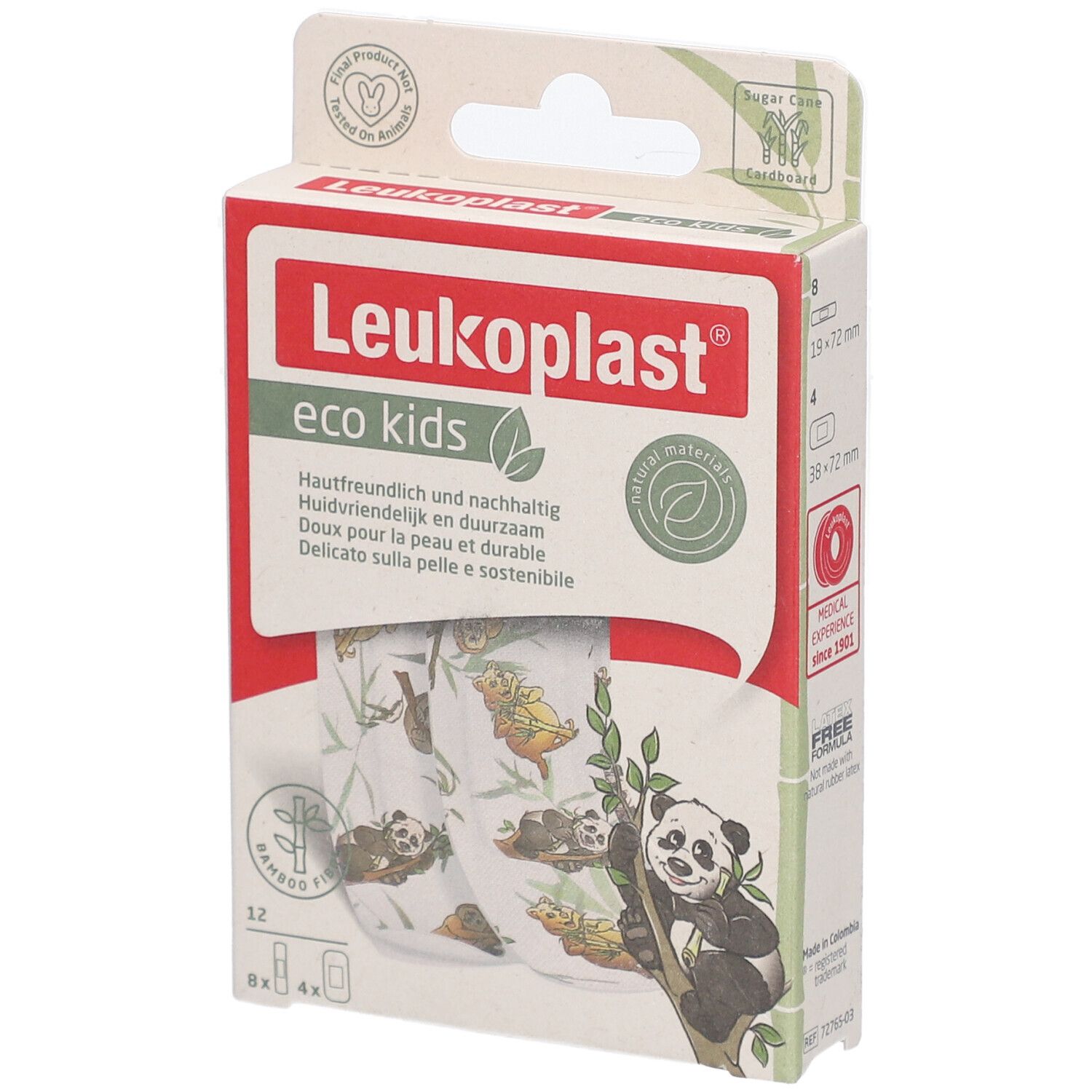 Boîte de pansements Leukoplast® eco kids. Contient 12 pansements, 8x 19x72mm, 4x 38x72mm. Motifs panda et koala.