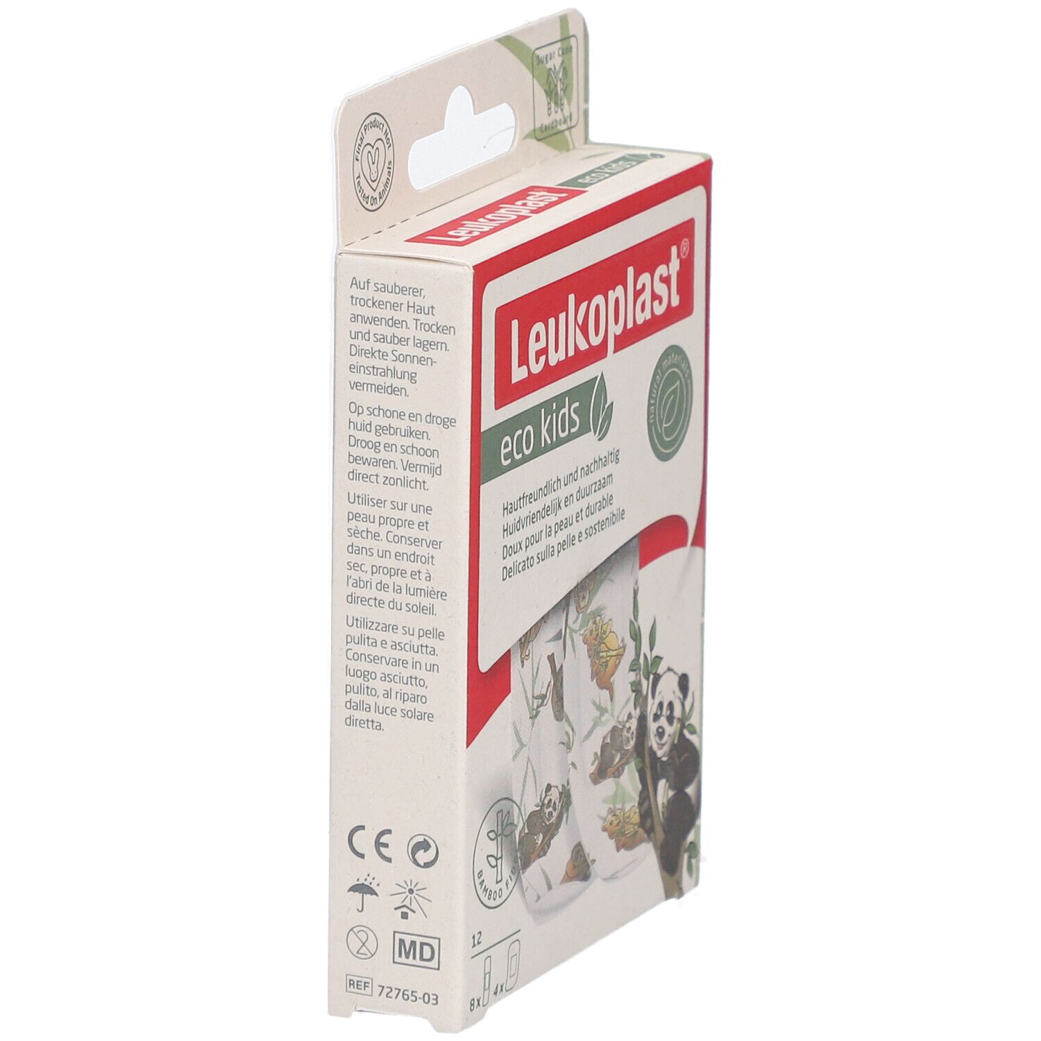 Vue latérale de la boîte Leukoplast® eco kids. Contient 12 pansements. Motifs panda et koala. Matériaux durables.
