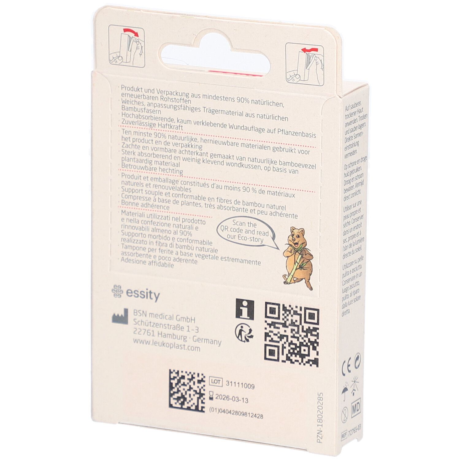 Dos de la boîte Leukoplast® eco kids. Informations sur les ingrédients, code QR, adresse du fabricant et date de péremption.