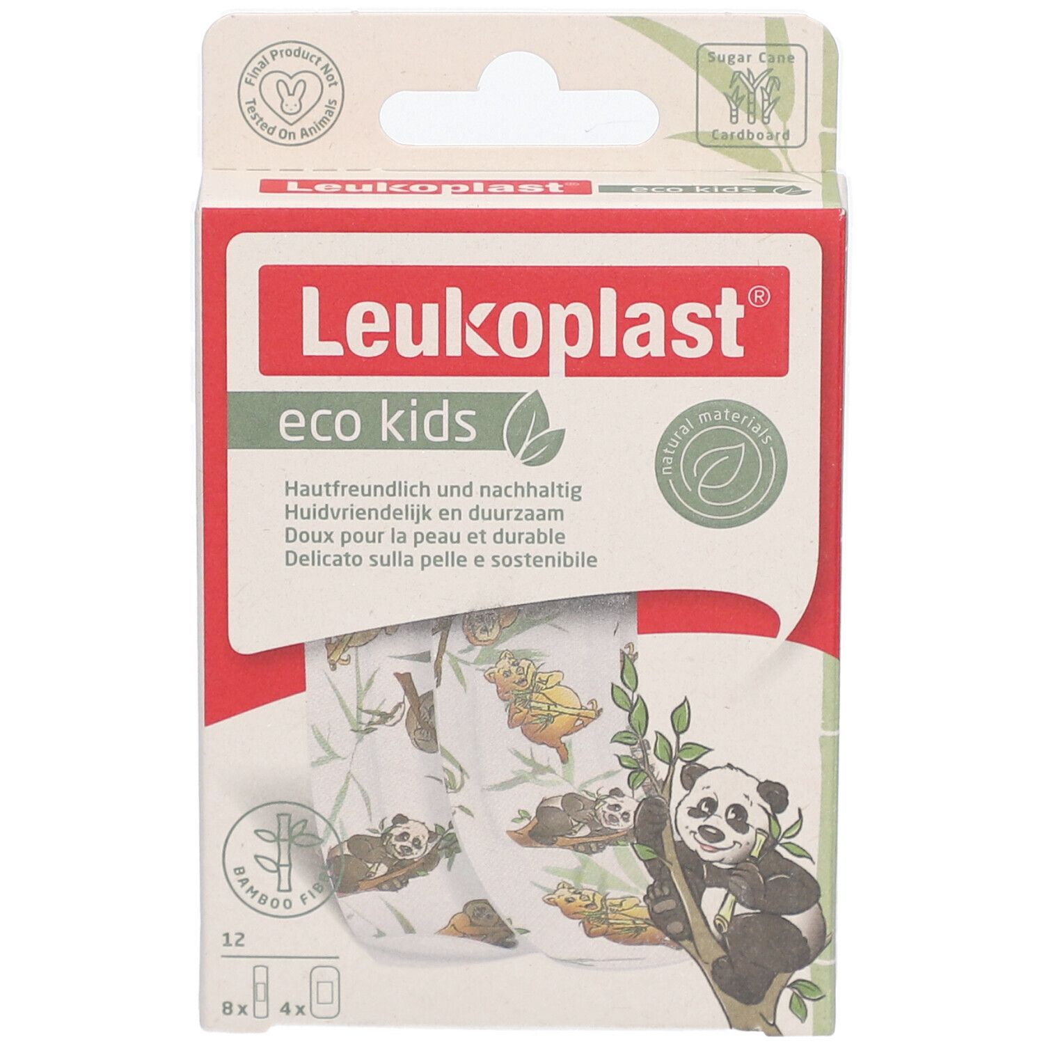 Boîte Leukoplast® eco kids. Contient 12 pansements. Motifs panda et koala. Doux pour la peau et durable.