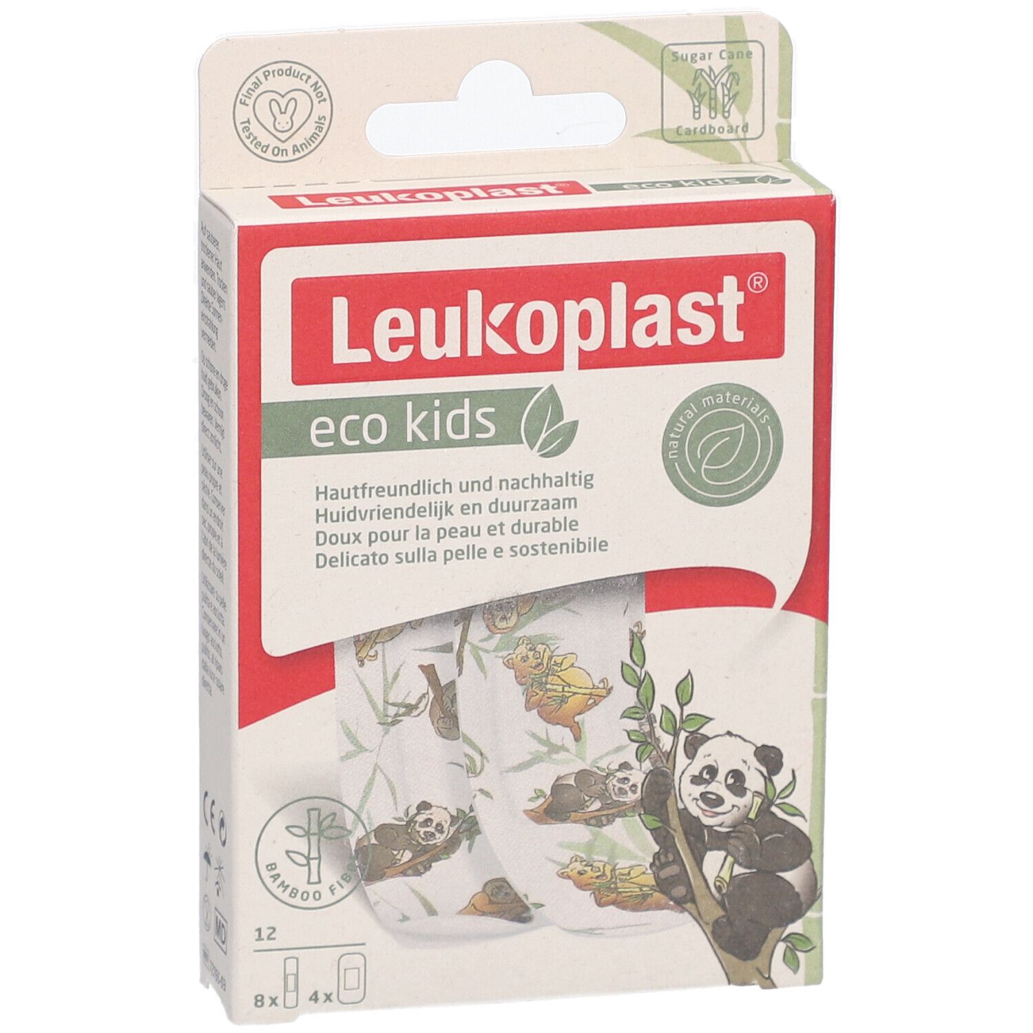 Boîte Leukoplast® eco kids. Contient 12 pansements. Motifs panda et koala. Doux pour la peau et durable.