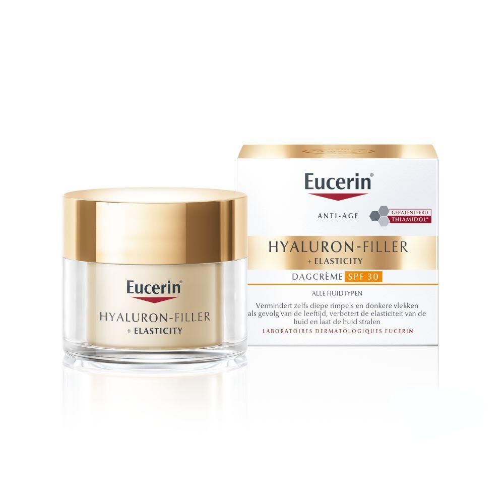 Crèmepot met gouden deksel en verpakking. Opschrift: Eucerin Hyaluron-Filler + Elasticity.