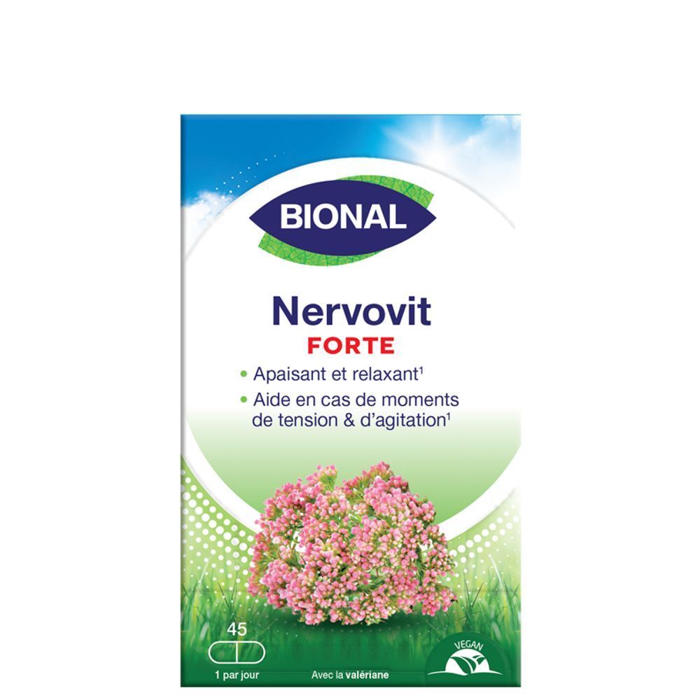 Boîte Bional Nervovit Forte. Contient 45 comprimés. Vegan. Avec valériane. Apaisant et relaxant.