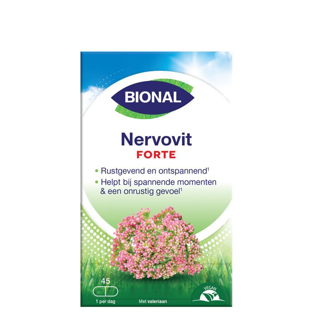 Bional Nervovit Forte verpakking. Bevat 45 tabletten. Vegan. Met valeriaan. Rustgevend en ontspannend.