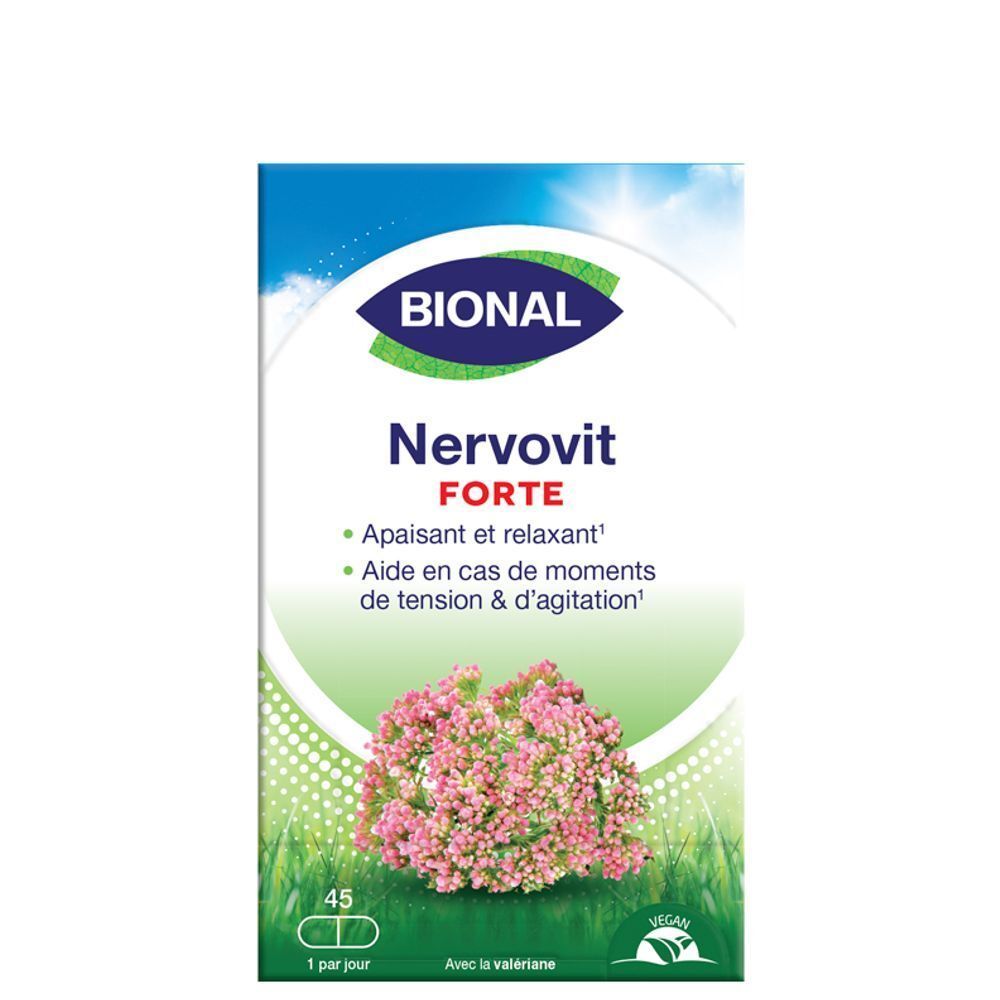 Bional Nervovit Forte verpakking. Bevat 45 tabletten. Vegan. Met valeriaan. Rustgevend en ontspannend.