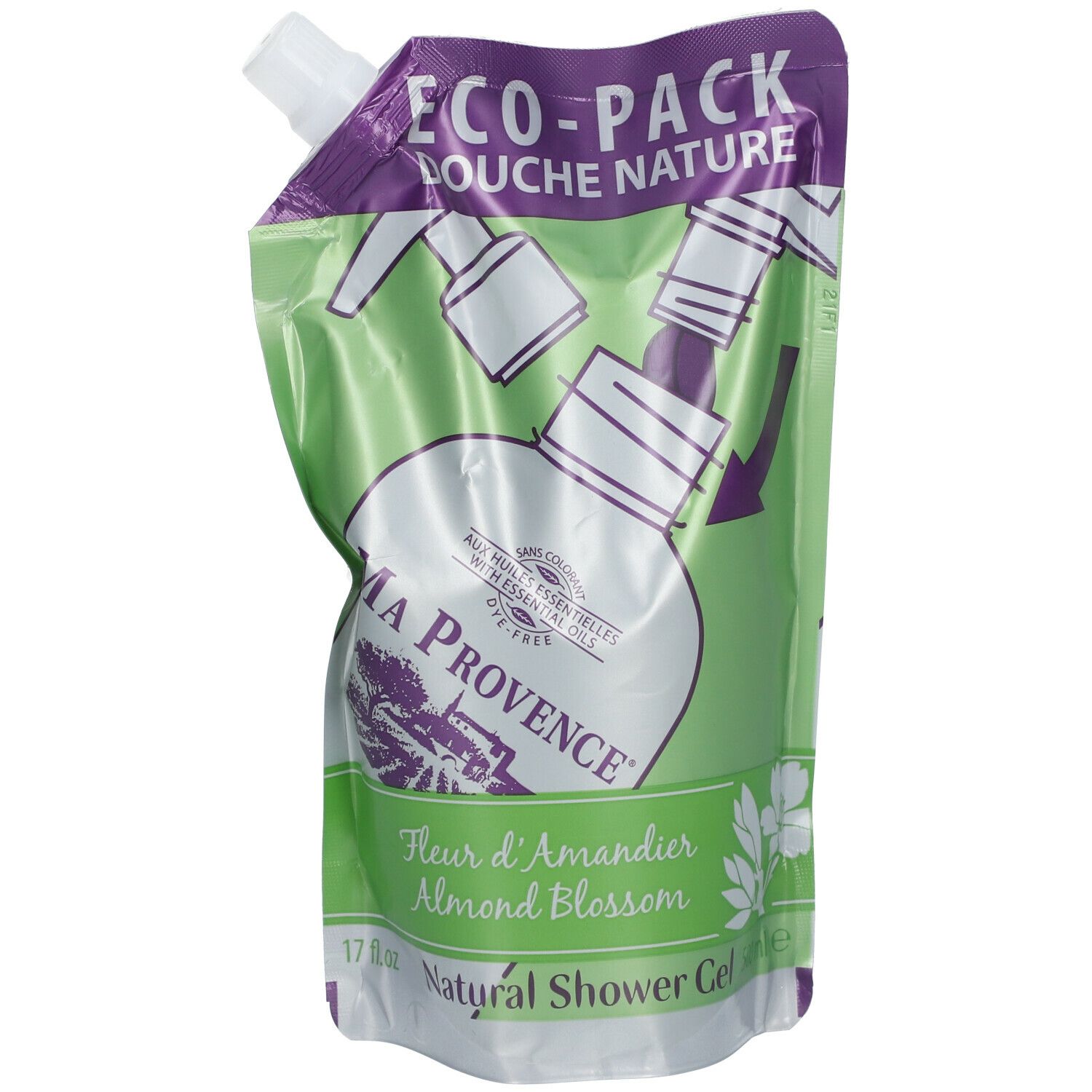 Recharge de gel douche. Design vert et blanc avec accents violets. Inscription: Ma Provence, Fleur d'Amandier, Natural Shower Gel.