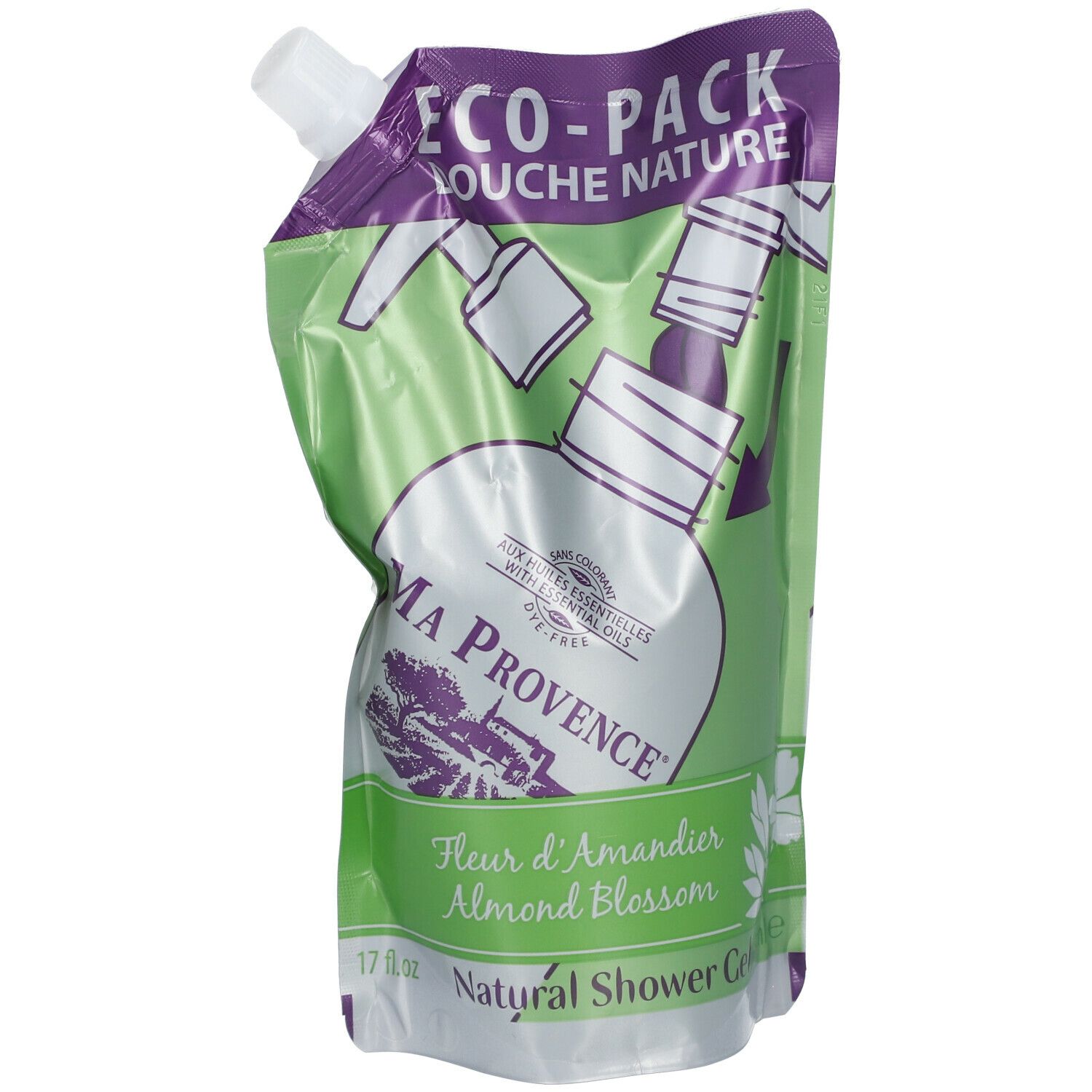 Recharge de gel douche. Design vert et blanc avec accents violets. Inscription: Ma Provence, Fleur d'Amandier, Natural Shower Gel.