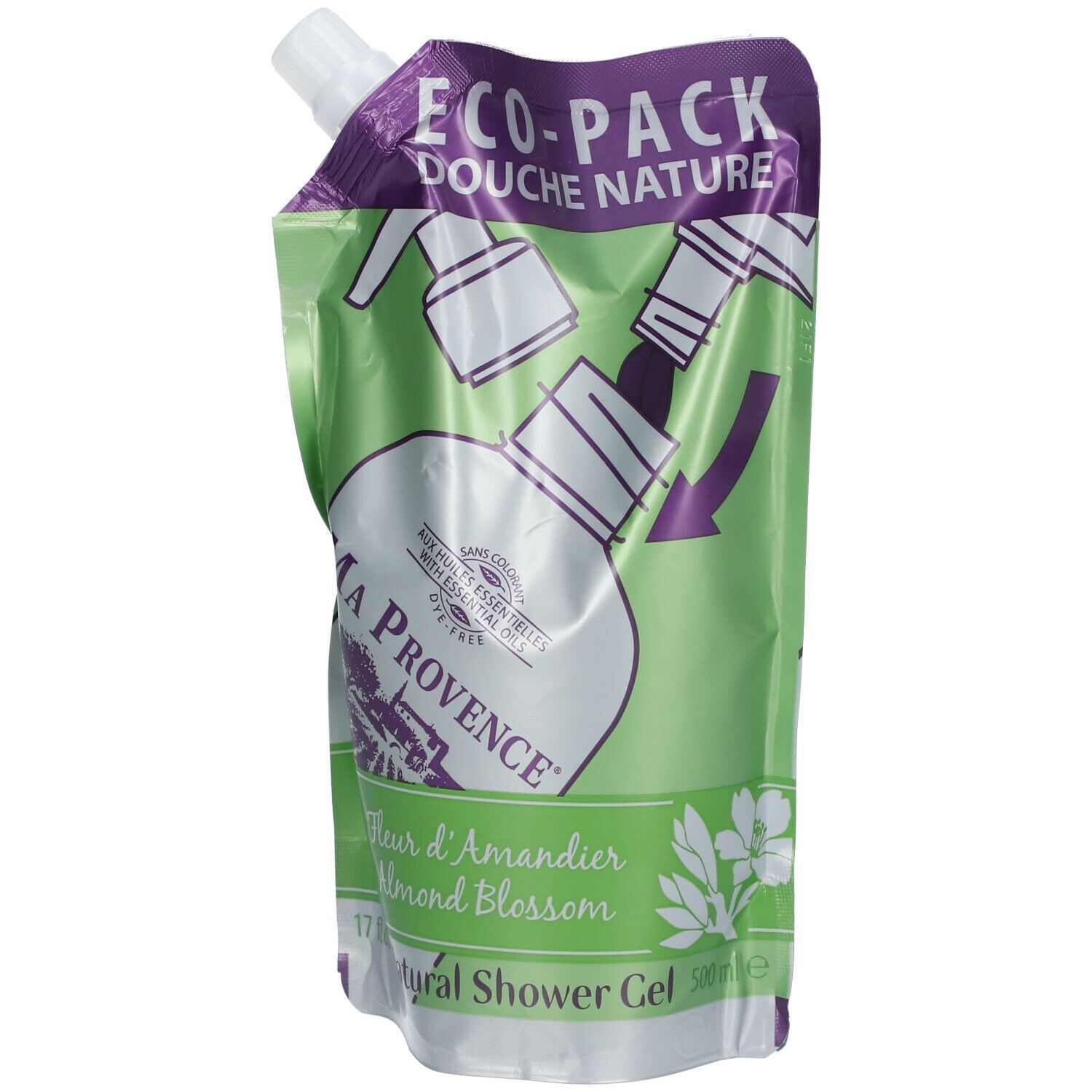 Recharge de gel douche. Design vert et blanc avec accents violets. Inscription: Ma Provence, Fleur d'Amandier, Natural Shower Gel.