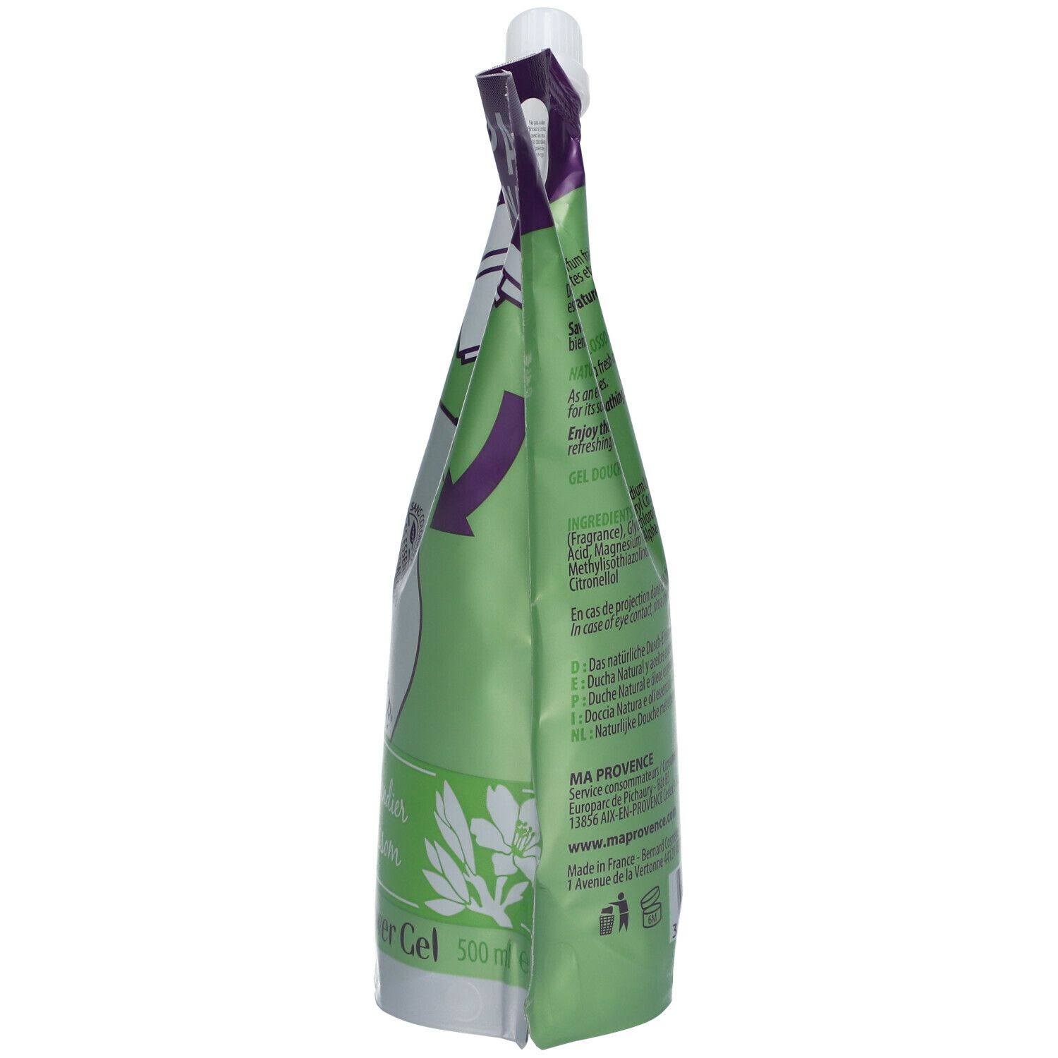 Vue latérale de la recharge. Design vert et blanc avec accents violets. Texte et logo Ma Provence.