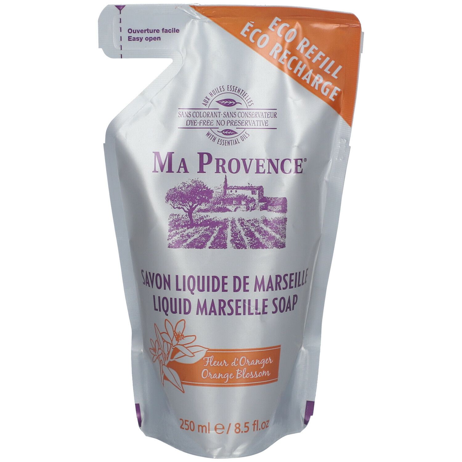 Navulverpakking Ma Provence vloeibare zeep. Oranje opdruk. Tekst: Savon liquide de Marseille, Fleur d'Oranger.