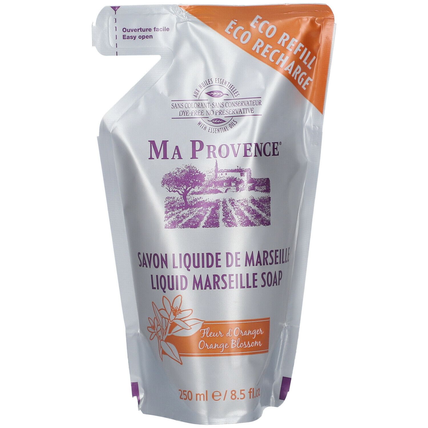 Navulverpakking Ma Provence vloeibare zeep. Oranje opdruk. Tekst: Savon liquide de Marseille, Fleur d'Oranger.