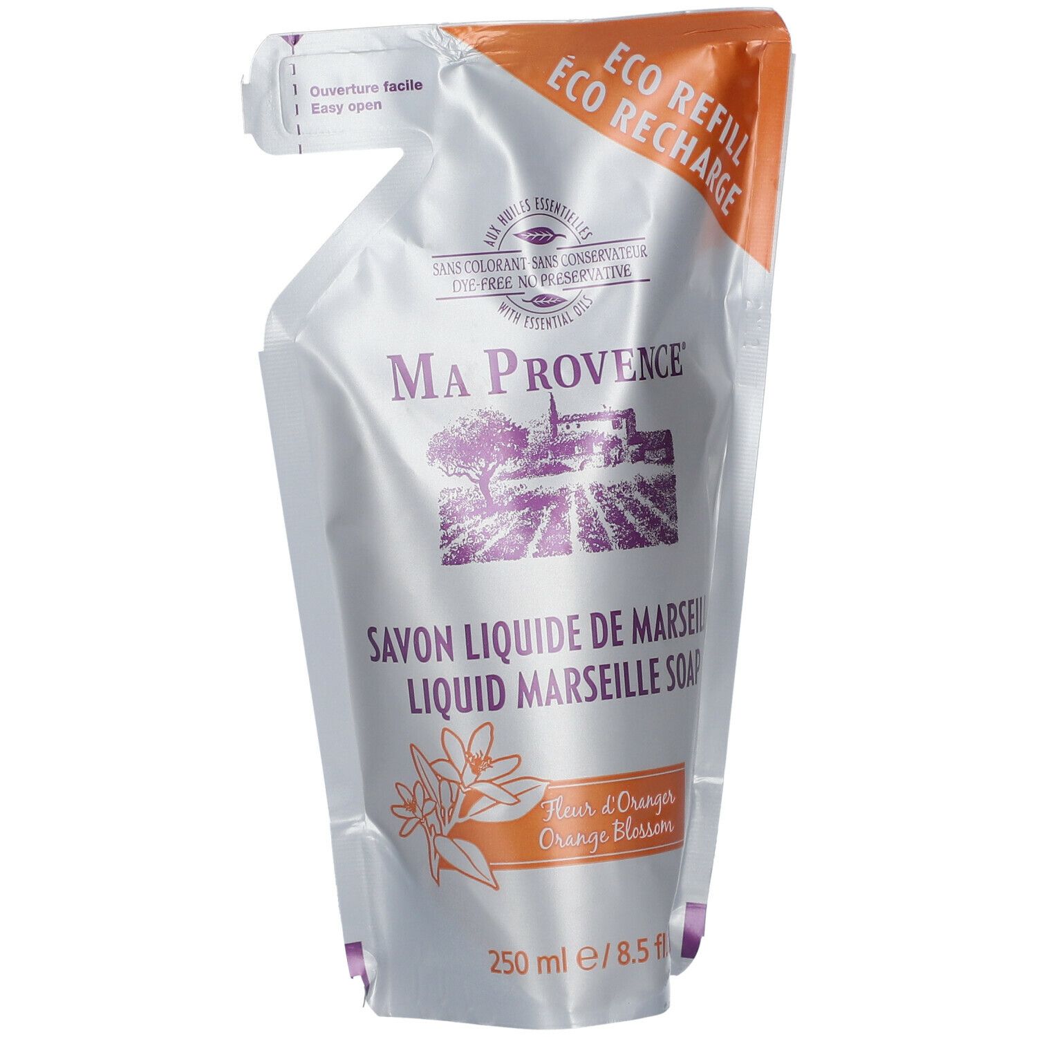Navulverpakking Ma Provence vloeibare zeep. Oranje opdruk. Tekst: Savon liquide de Marseille, Fleur d'Oranger.