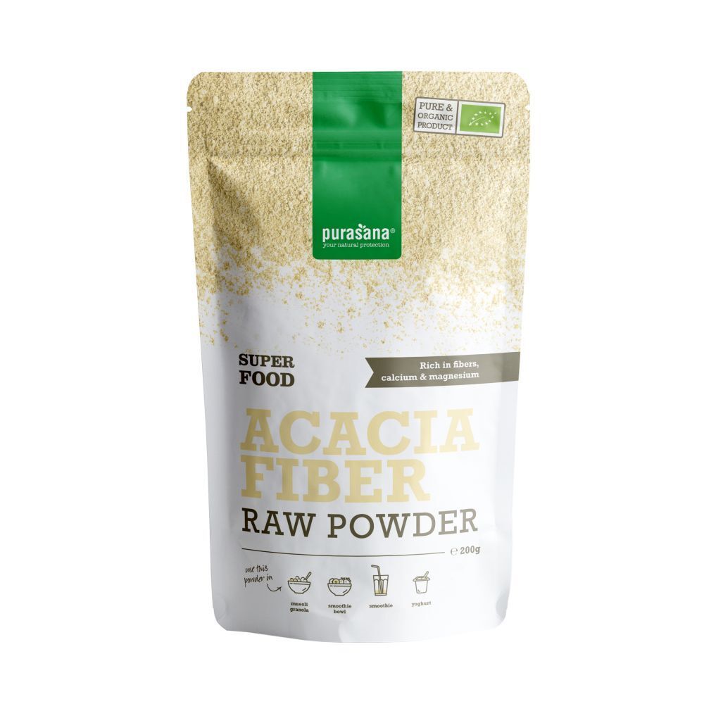 Sachet de purasana® Akazienfasern Bio. Inscription: Acacia Fiber Raw Powder. Label bio.