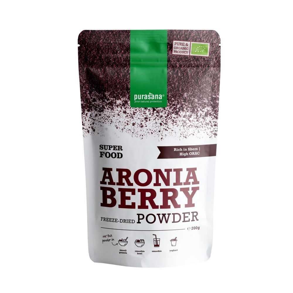 Sachet de poudre purasana® Aronia Berry. Inscription : Superfood, Aronia Berry, poudre lyophilisée. Label bio.