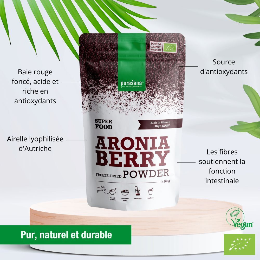 Emballage du produit avec poudre purasana® Aronia Berry. Texte : Superfood, Aronia Berry, poudre lyophilisée. Label vegan.