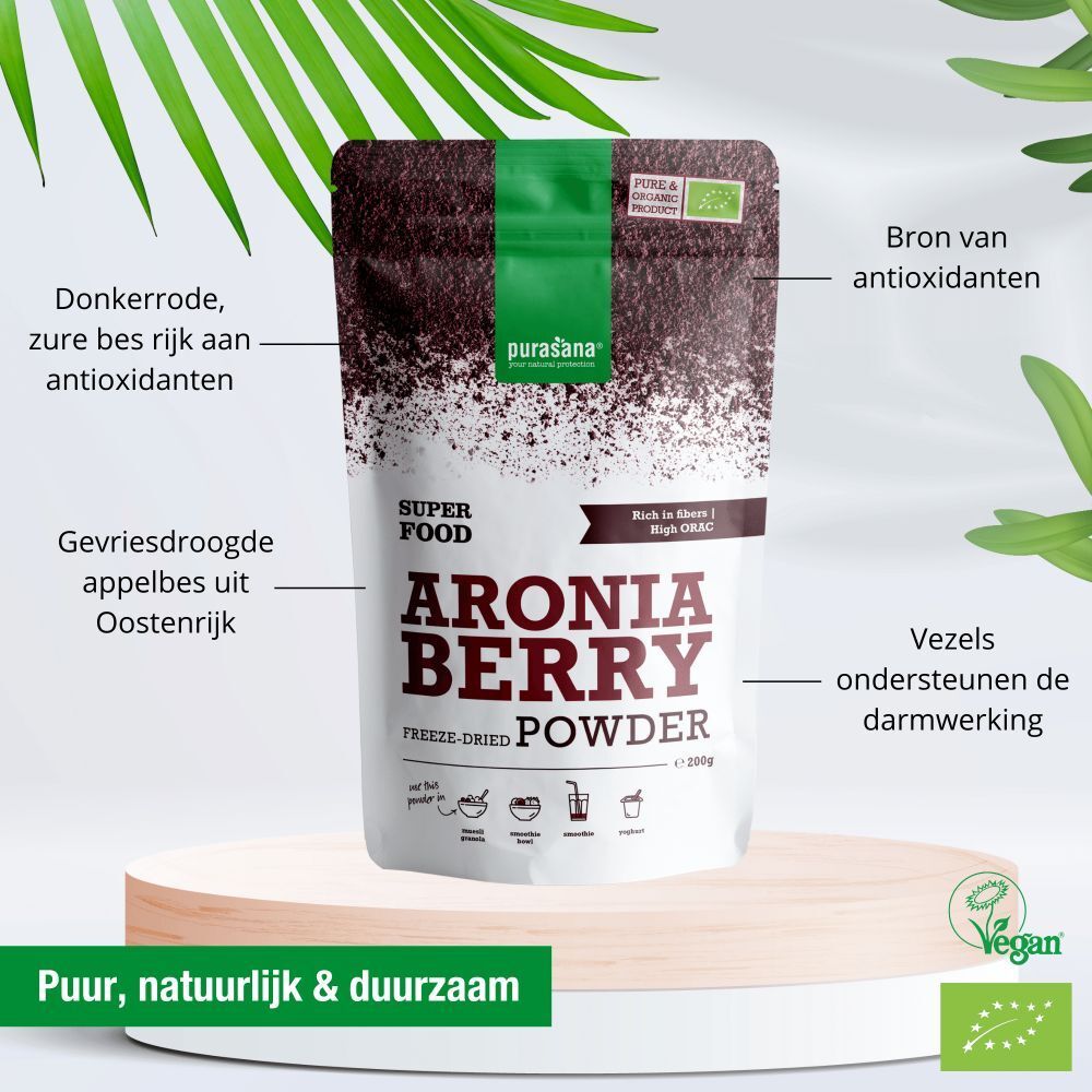 Productverpakking met purasana® Aronia Berry poeder. Tekst: Superfood, Aronia Berry, gevriesdroogd poeder. Vegan-keurmerk.