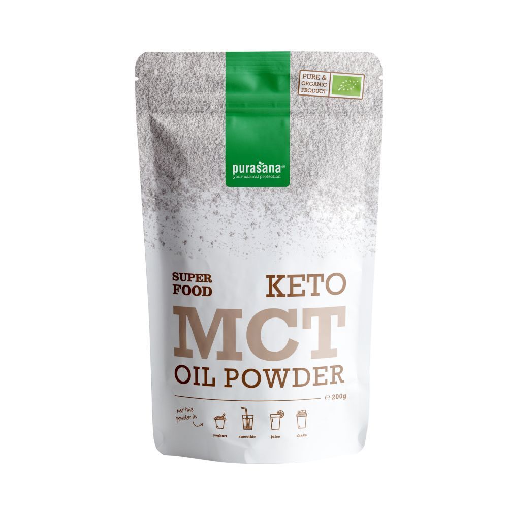 Zakje "Keto MCT Oil Powder". Merk: purasana. Bio-label. Opschrift: Superfood.