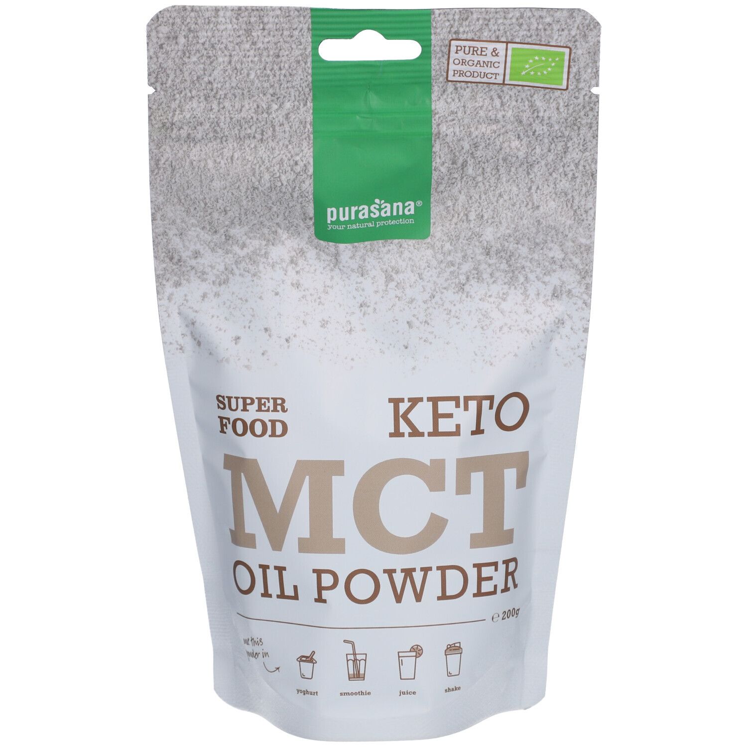Beutel mit "Keto MCT Oil Powder". Marke: purasana. Bio-Siegel. Aufschrift: Superfood.