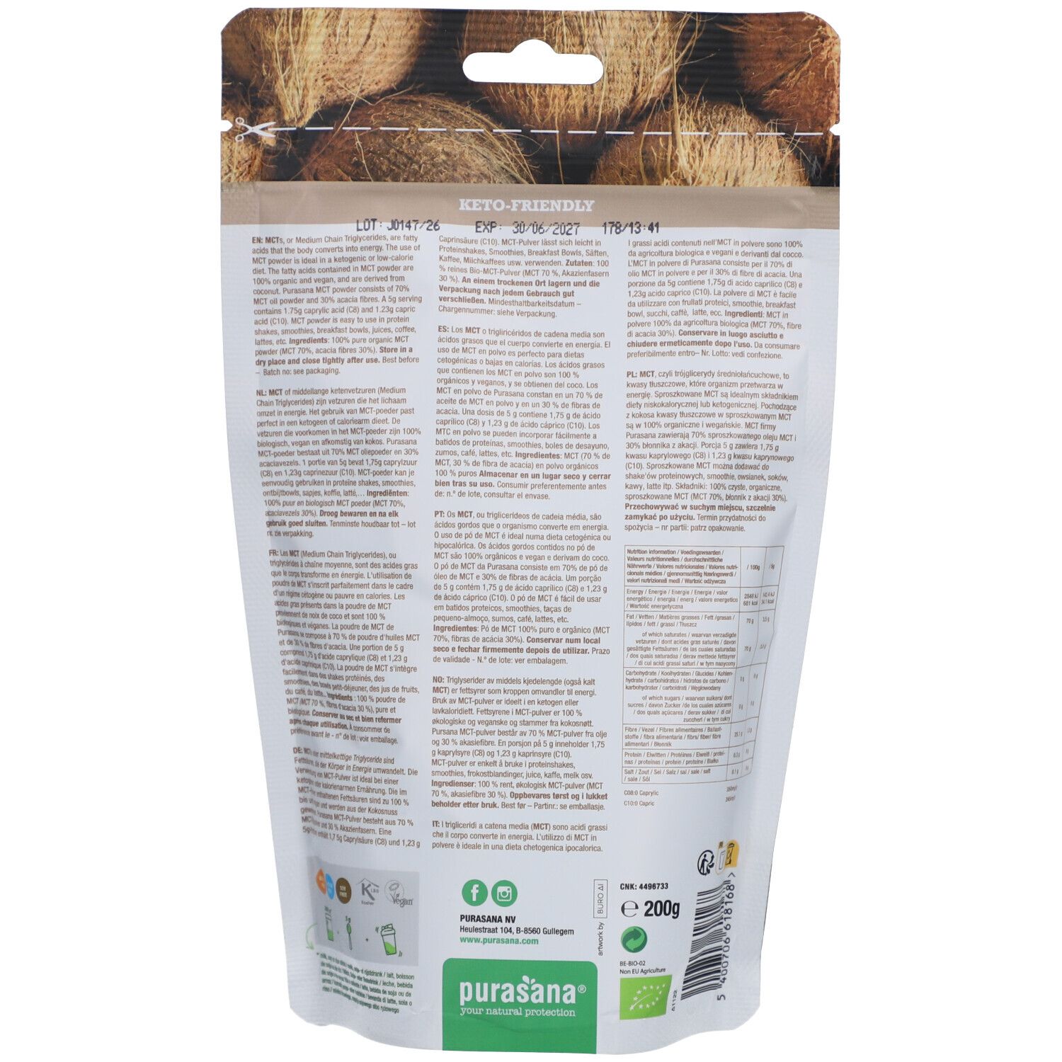 Rückseite des Beutels mit "Keto MCT Oil Powder". Text in mehreren Sprachen. Bio-Siegel.