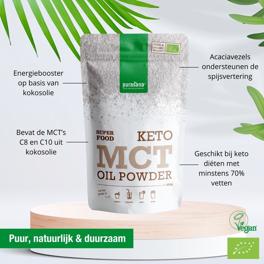 Productpresentatie met "Keto MCT Oil Powder" en glas met drank. Kokosnoten op de achtergrond.