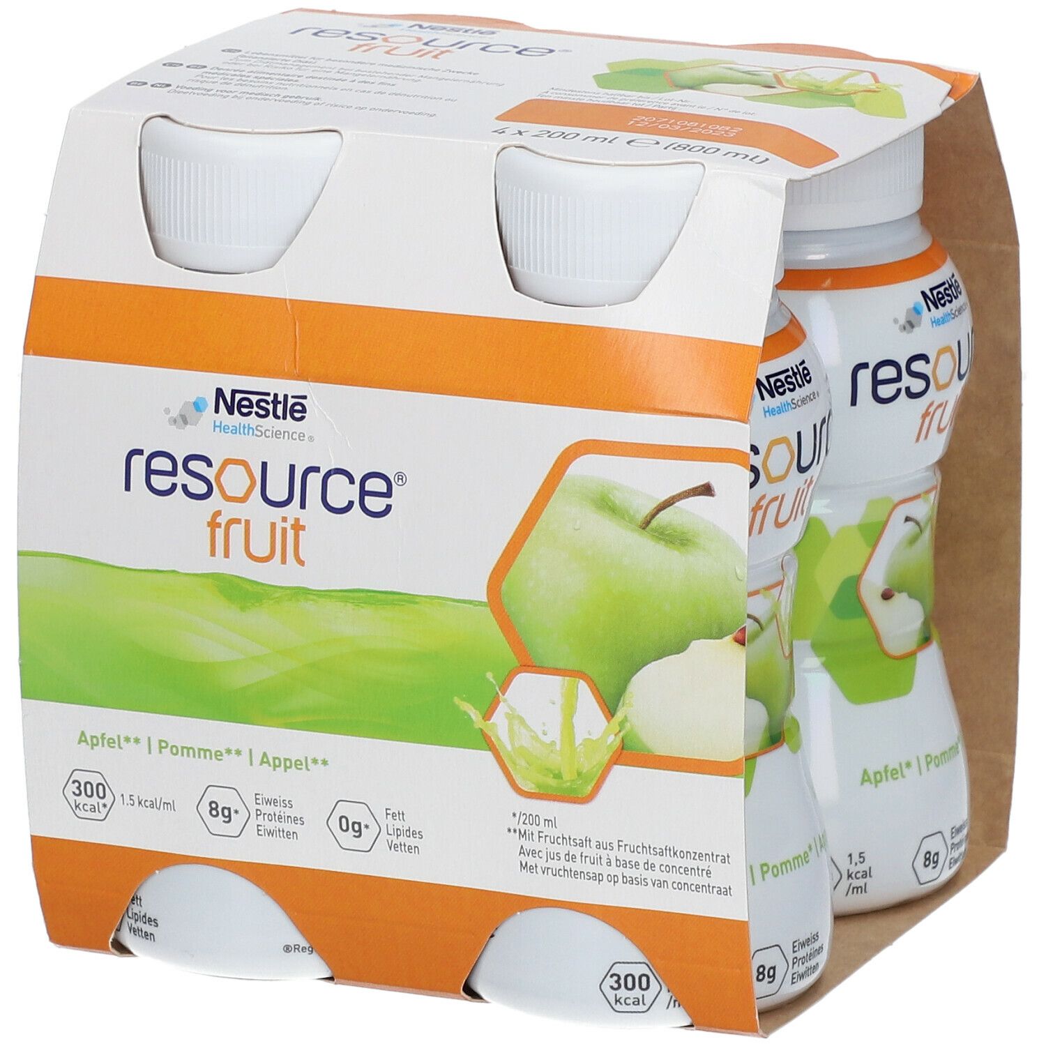 Verpakking met vier flessen Resource Fruit Pomme. Elke fles heeft een witte dop en een etiket met een afbeelding van een appel.