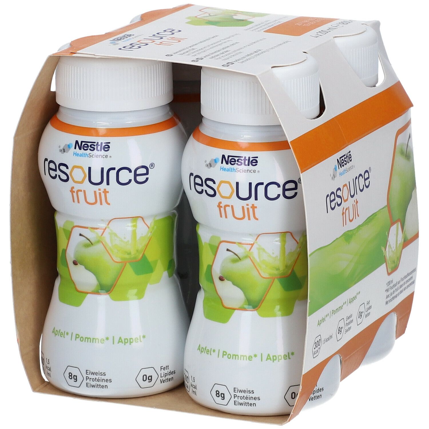 Verpakking met twee flessen Resource Fruit Pomme. Elke fles heeft een witte dop en een etiket met een afbeelding van een appel.