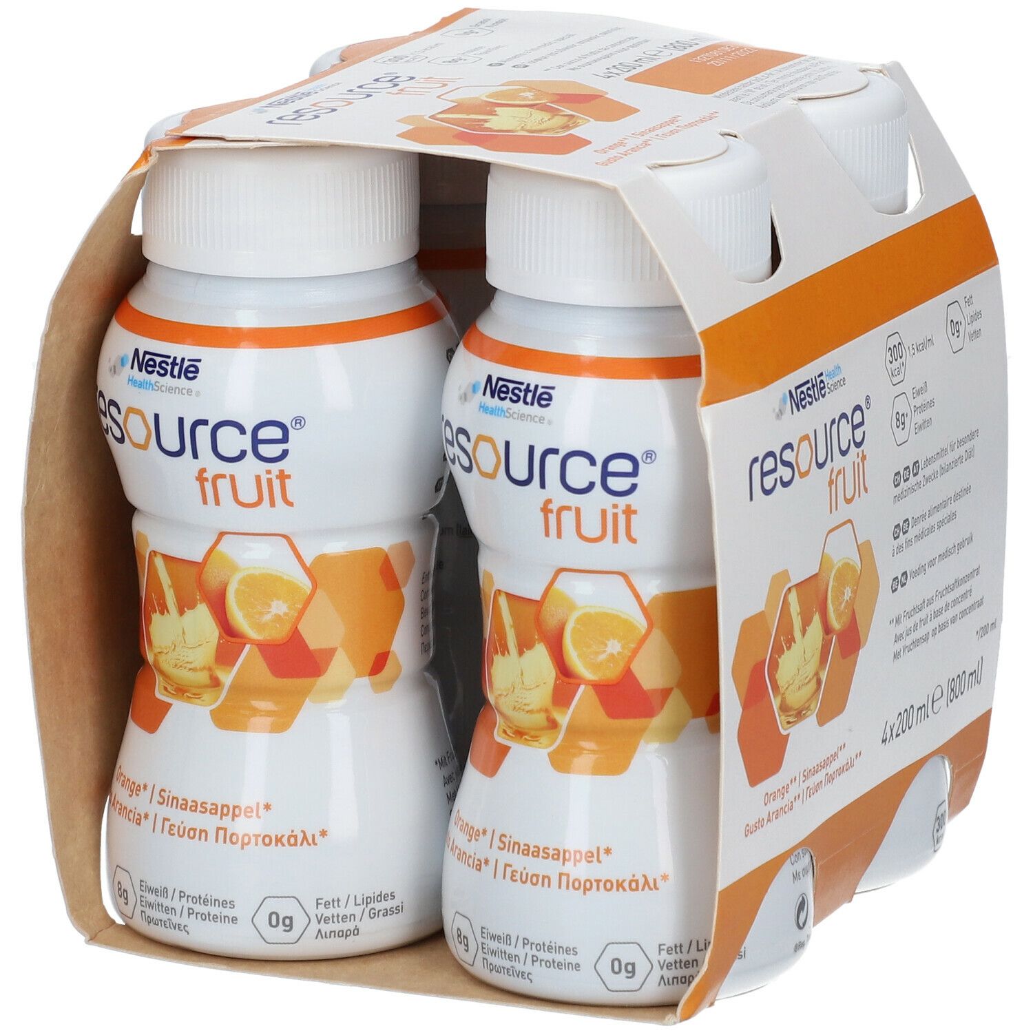 Verpakking met vier flessen Resource Fruit Orange. Elke fles bevat 200 ml. Opschriften: Nestle Health Science, voedingswaarde-informatie, smaken.