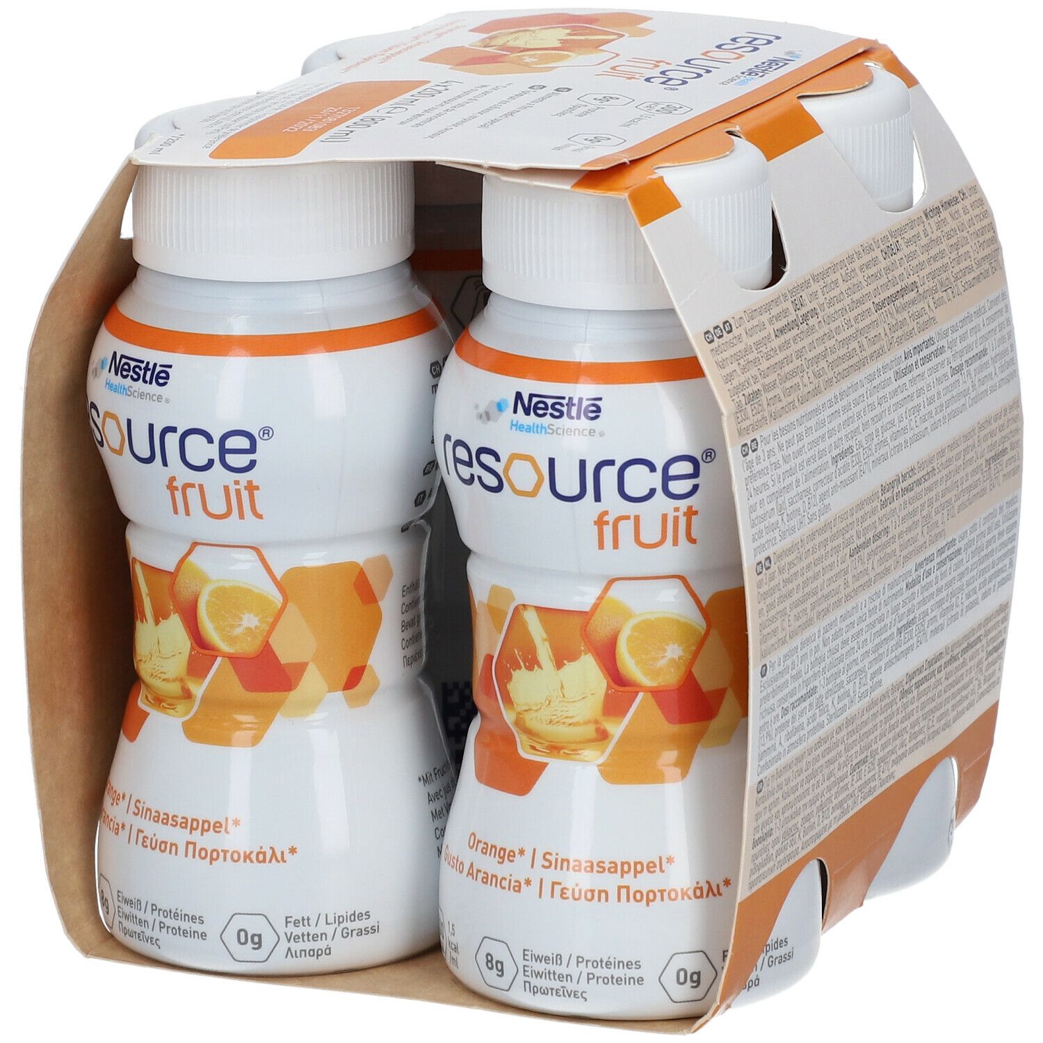 Verpakking met vier flessen Resource Fruit Orange. Elke fles bevat 200 ml. Opschriften: Nestle Health Science, voedingswaarde-informatie, smaken.