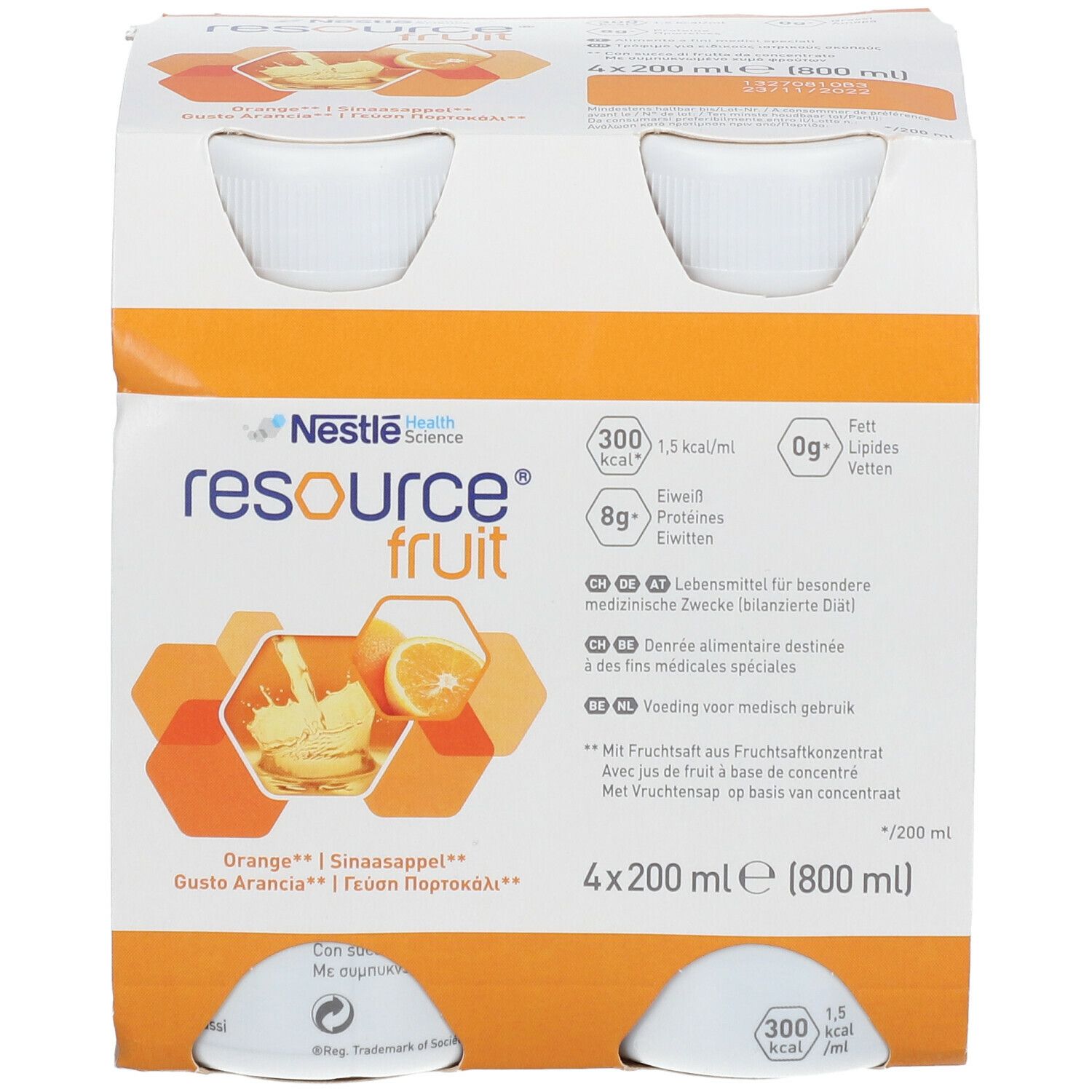Verpakking met vier flessen Resource Fruit Orange. Elke fles bevat 200 ml. Opschriften: Nestle Health Science, voedingswaarde-informatie, smaken.