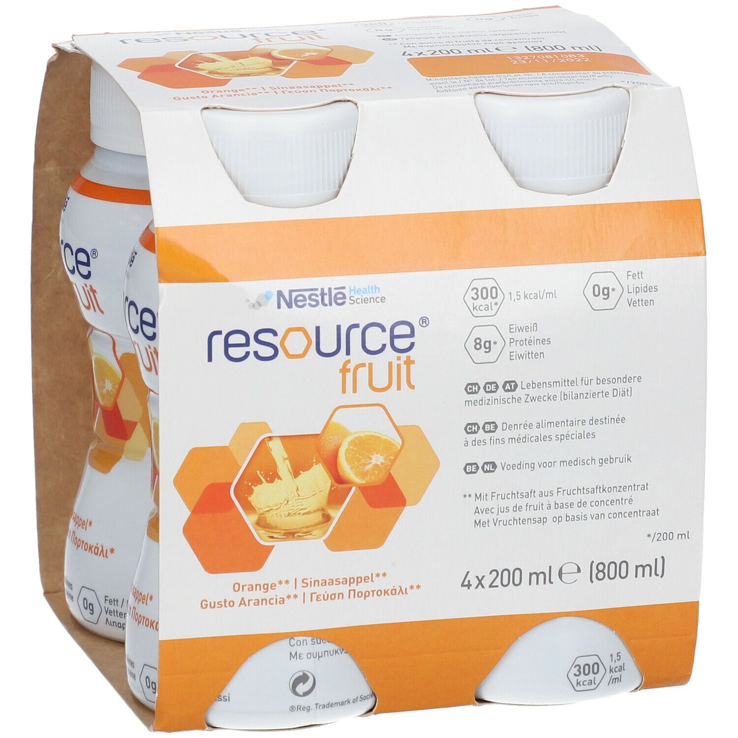 Verpakking met vier flessen Resource Fruit Orange. Elke fles bevat 200 ml. Opschriften: Nestle Health Science, voedingswaarde-informatie, smaken.