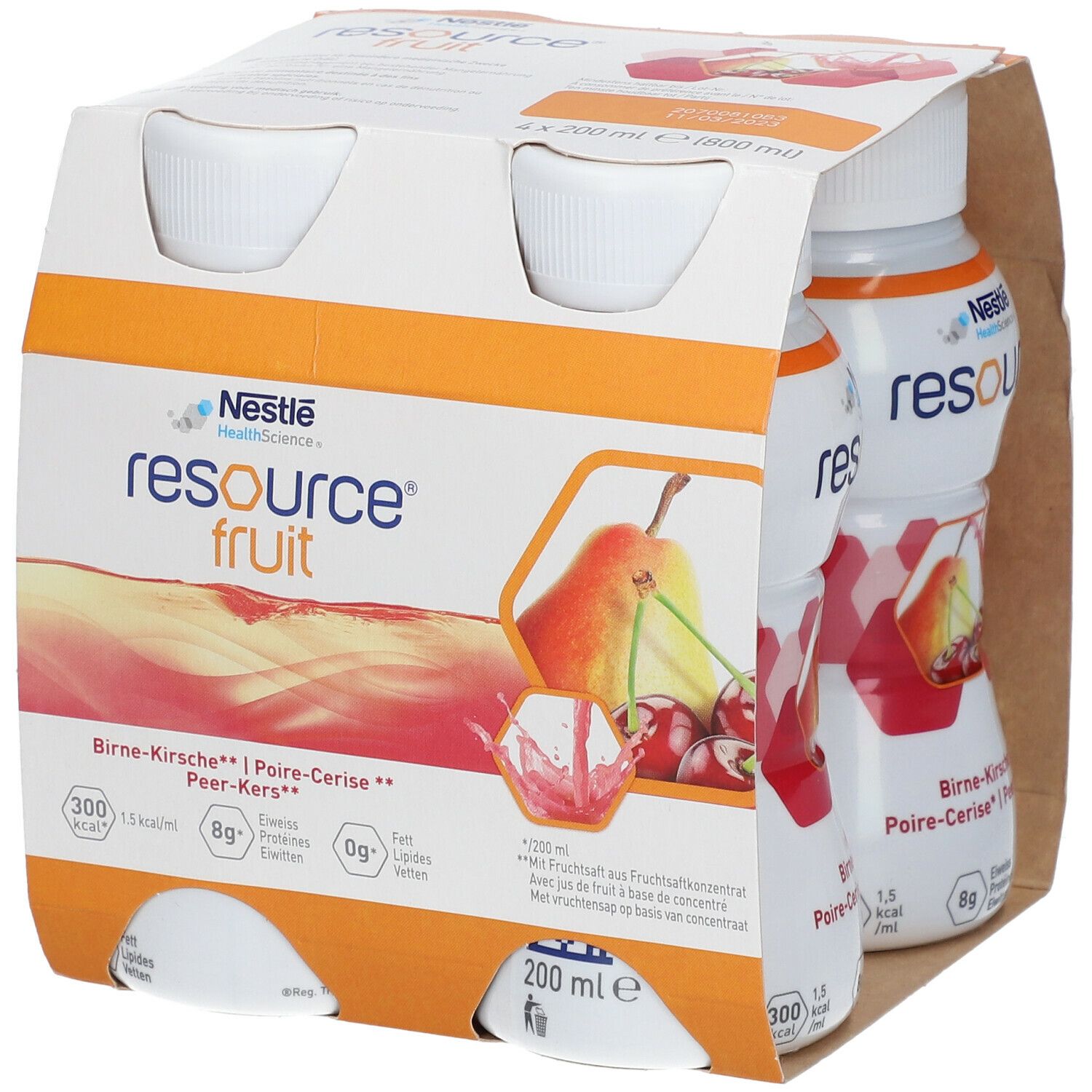 Emballage de quatre bouteilles Resource Fruit. Inscriptions: Poire-Cerise, 200 ml, 300 kcal, 8g protéines, 0g lipides. Illustration de poire et cerises.