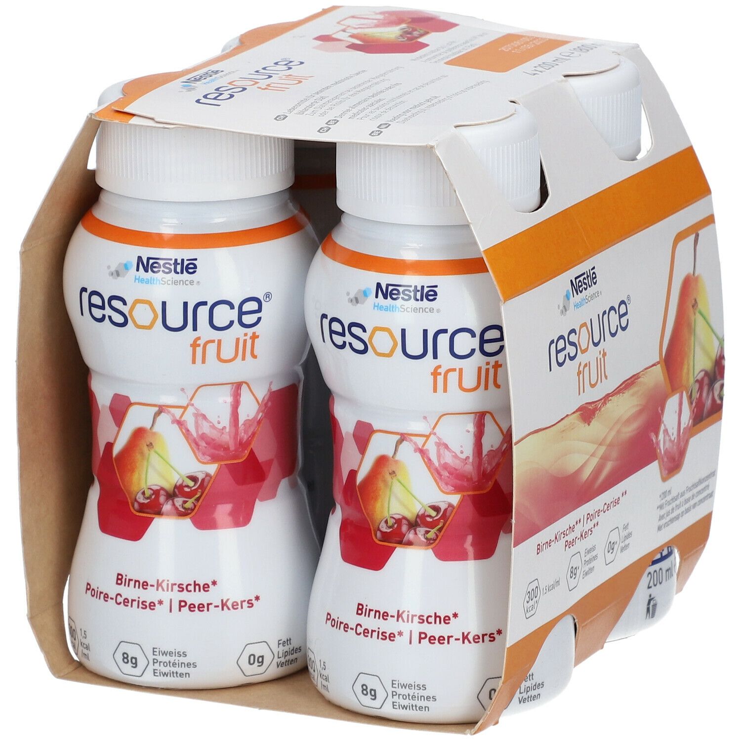 Emballage de quatre bouteilles Resource Fruit. Inscriptions: Poire-Cerise, 200 ml, 300 kcal, 8g protéines, 0g lipides. Illustration de poire et cerises.