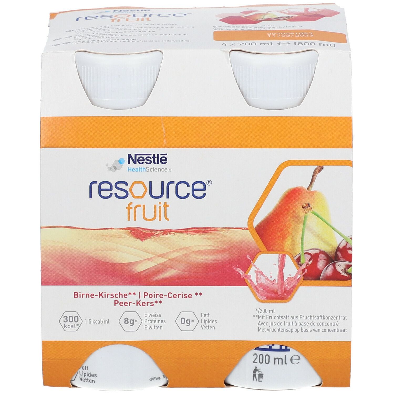 Emballage de quatre bouteilles Resource Fruit. Inscriptions: Poire-Cerise, 200 ml, 300 kcal, 8g protéines, 0g lipides. Illustration de poire et cerises.