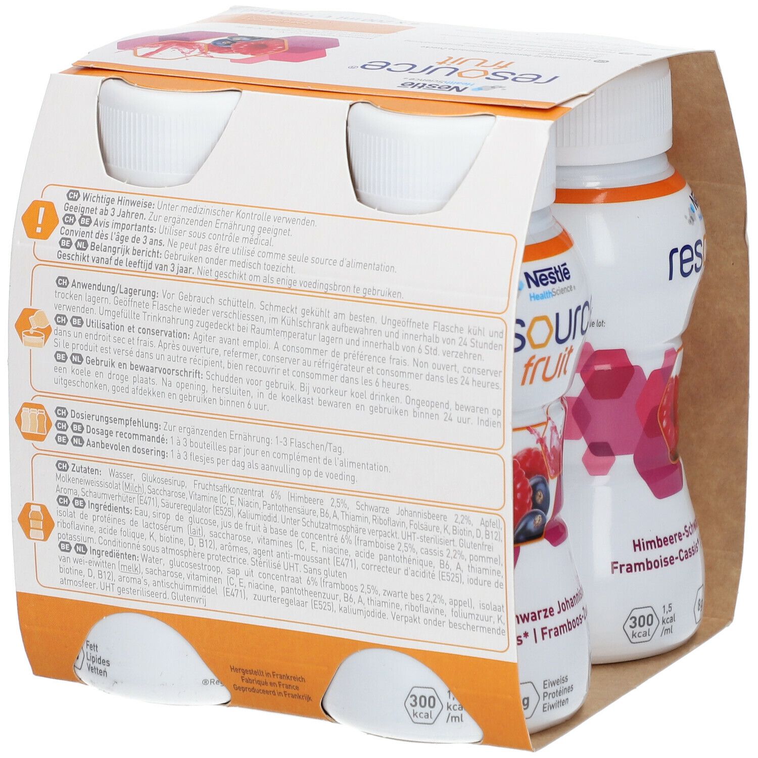 Emballage de quatre bouteilles. Inscription: Resource Fruit, Framboise-Cassis. Texte au dos de l'emballage.