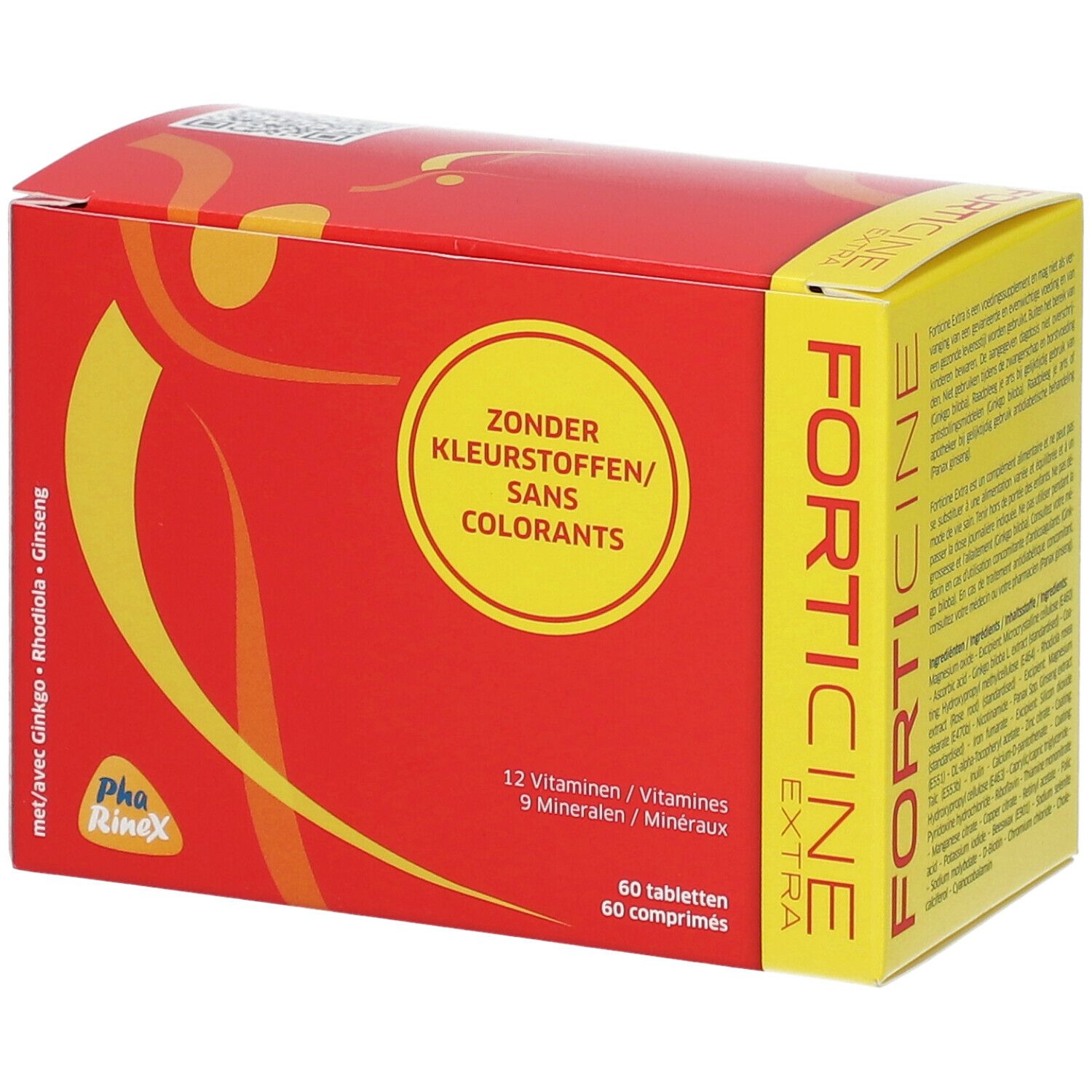 Rode doos 'Forticine Extra' met 60 tabletten. Opschrift: 'Zonder Kleurstoffen/Sans Colorants'. Bevat 12 vitaminen en 9 mineralen.