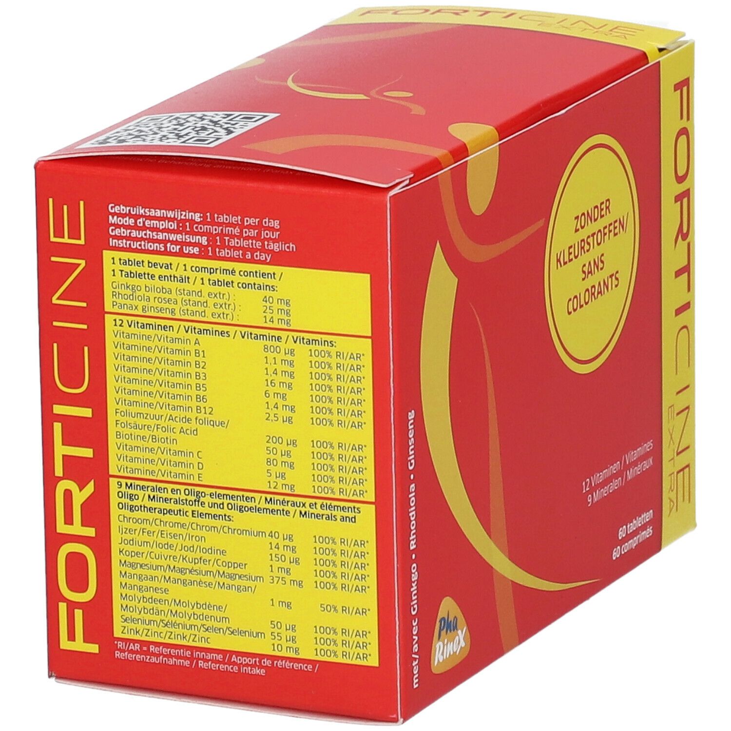 Rode doos 'Forticine Extra' met 60 tabletten. Opschrift: 'Zonder Kleurstoffen/Sans Colorants'. Ingrediënten afgedrukt.