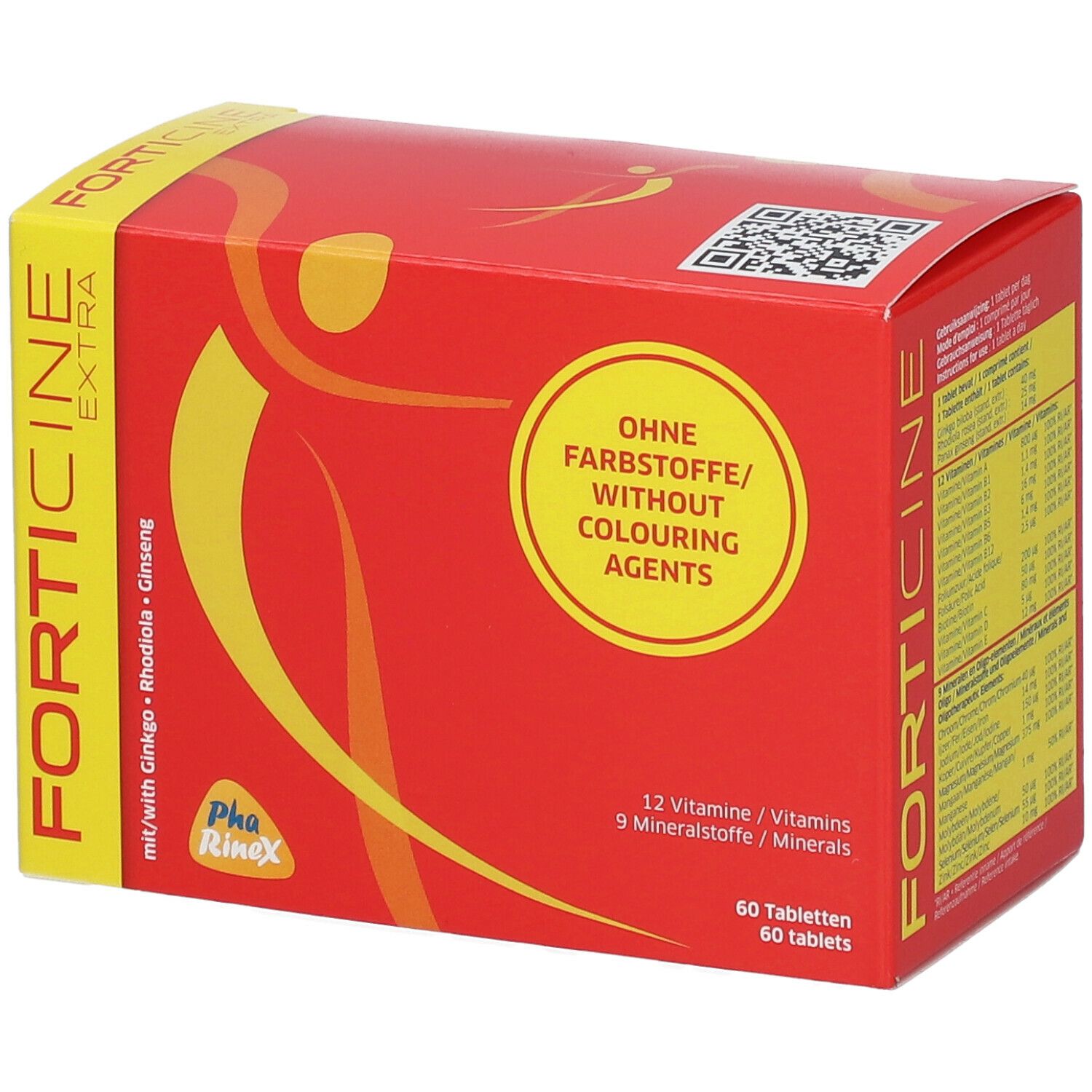 Rode doos 'Forticine Extra' met 60 tabletten. Opschrift: 'Ohne Farbstoffe/Without Colouring Agents'.