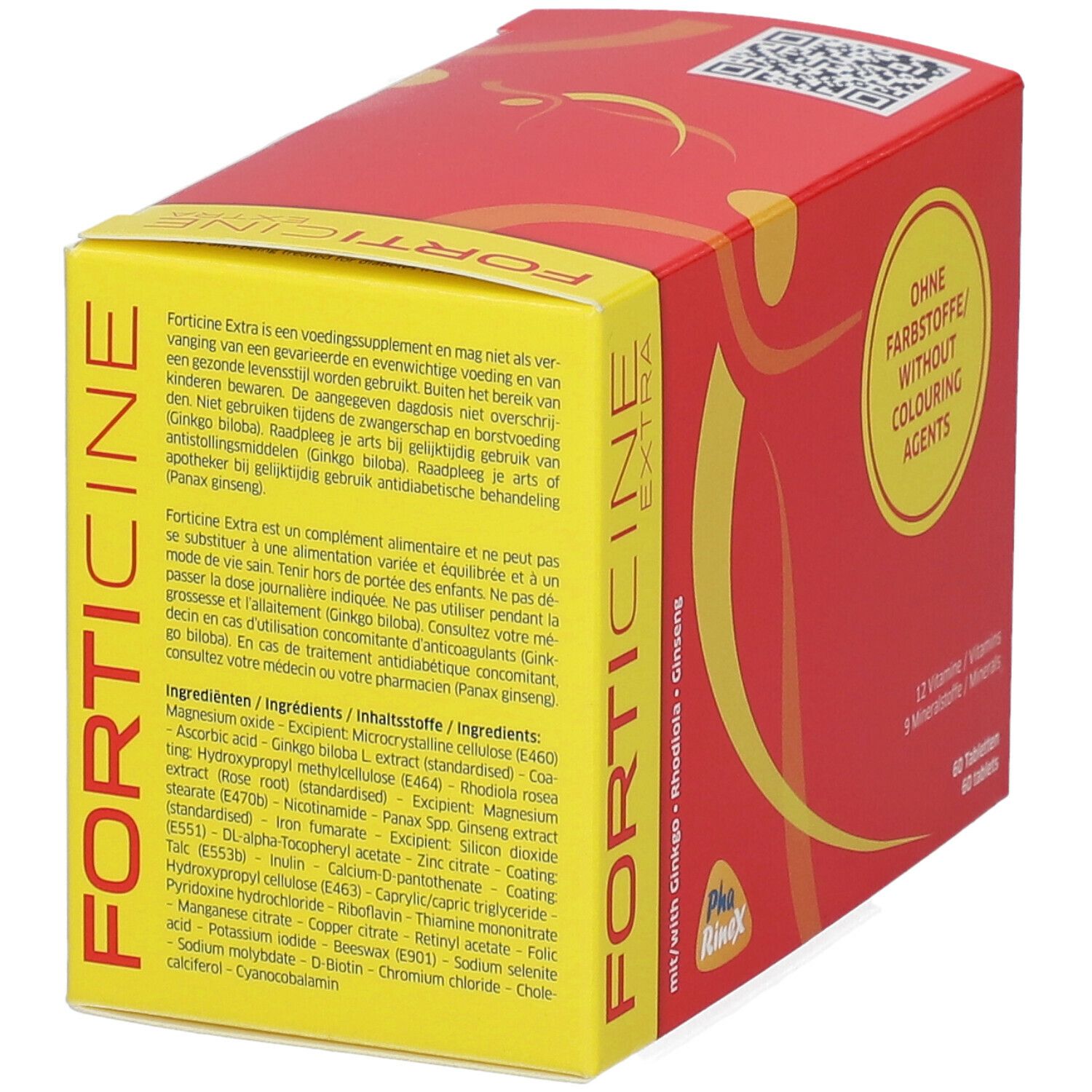 Rode doos 'Forticine Extra' met 60 tabletten. Opschrift: 'Ohne Farbstoffe/Without Colouring Agents'. Tekst over ingrediënten.