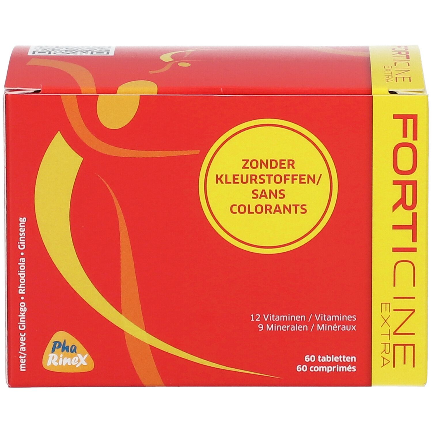 Rode doos 'Forticine Extra' met 60 tabletten. Opschrift: 'Zonder Kleurstoffen/Sans Colorants'. Bevat 12 vitaminen en 9 mineralen.