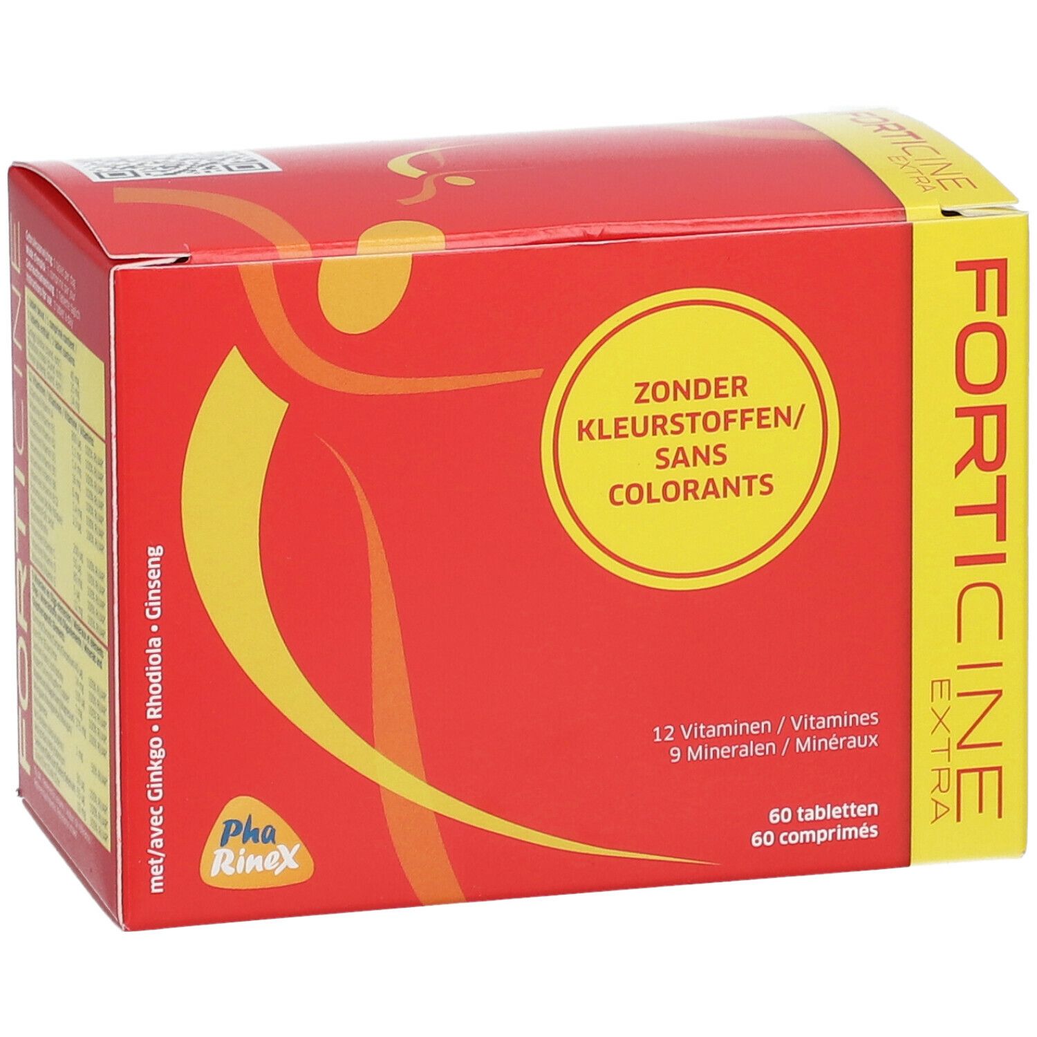 Rode doos 'Forticine Extra' met 60 tabletten. Opschrift: 'Zonder Kleurstoffen/Sans Colorants'.