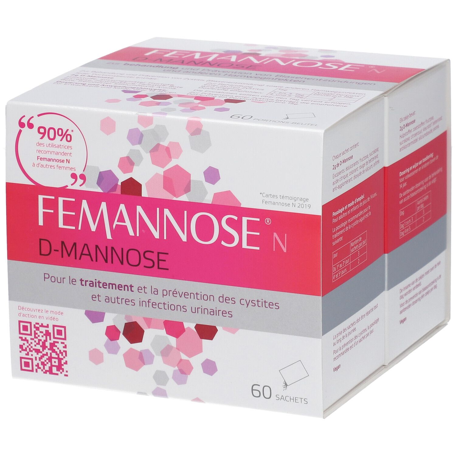 Verpakking van Famannose® N. Witte doos met roze accenten. Opschrift: FEMANNOSE N, D-MANNOSE. 60 zakjes.