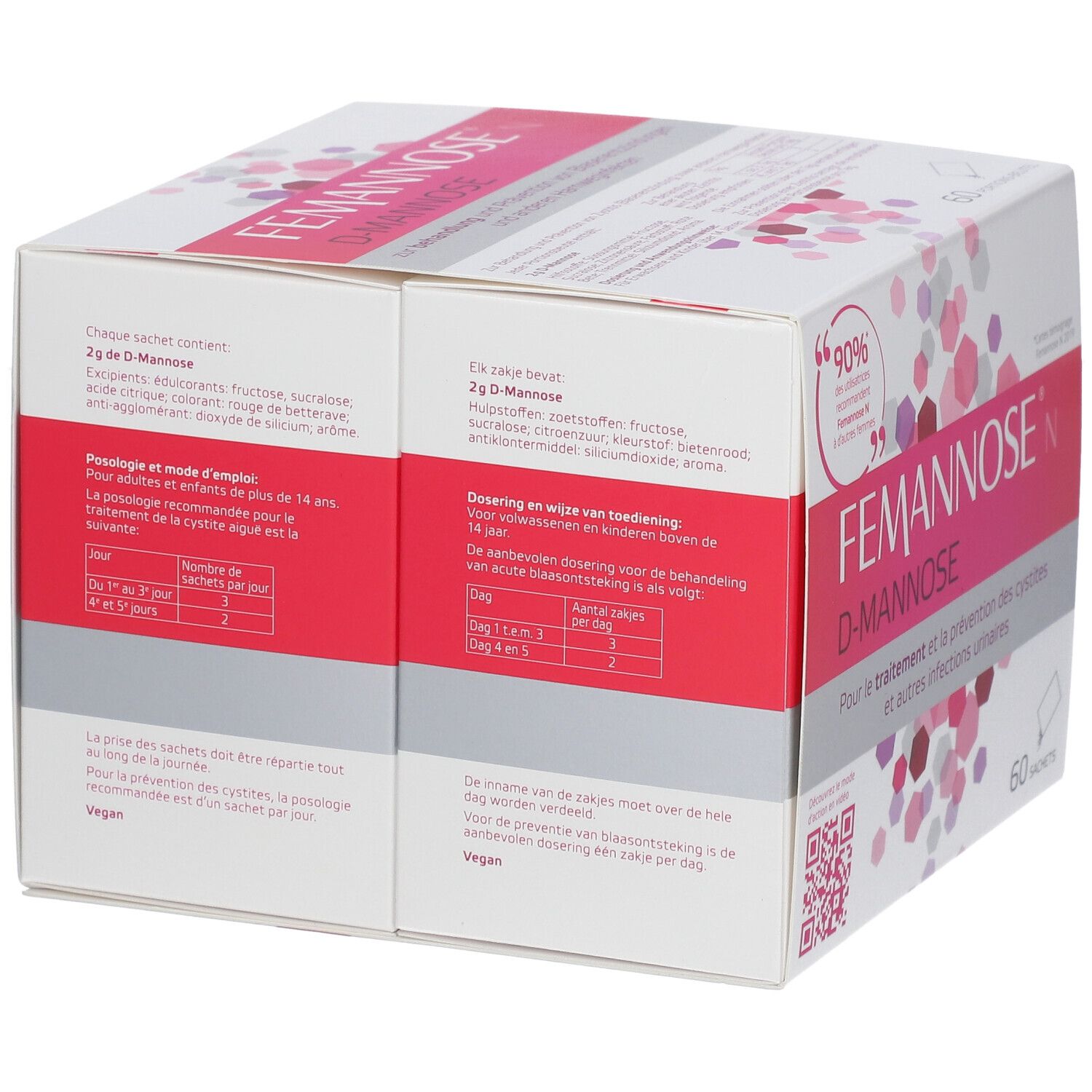 Open verpakking van Famannose® N. Witte doos met roze accenten. Opschrift: FEMANNOSE N, D-MANNOSE. 60 zakjes. Ingrediënten.