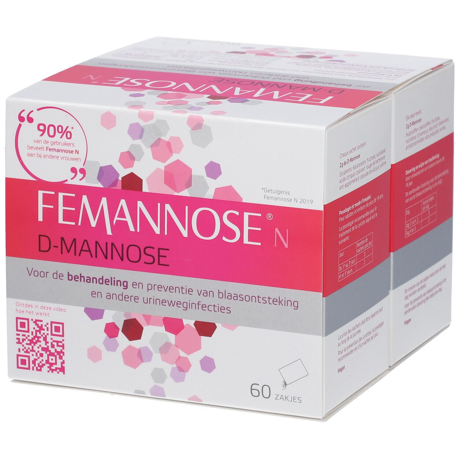 Verpakking van Famannose® N. Witte doos met roze accenten. Opschrift: FEMANNOSE N, D-MANNOSE. 60 zakjes. Nederlandse tekst.